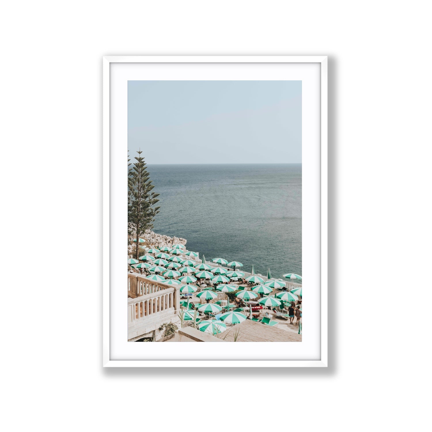 Sun-drenched Stripes Puglia beach coastal wall art Extra Large fine art print in white frame with matboard