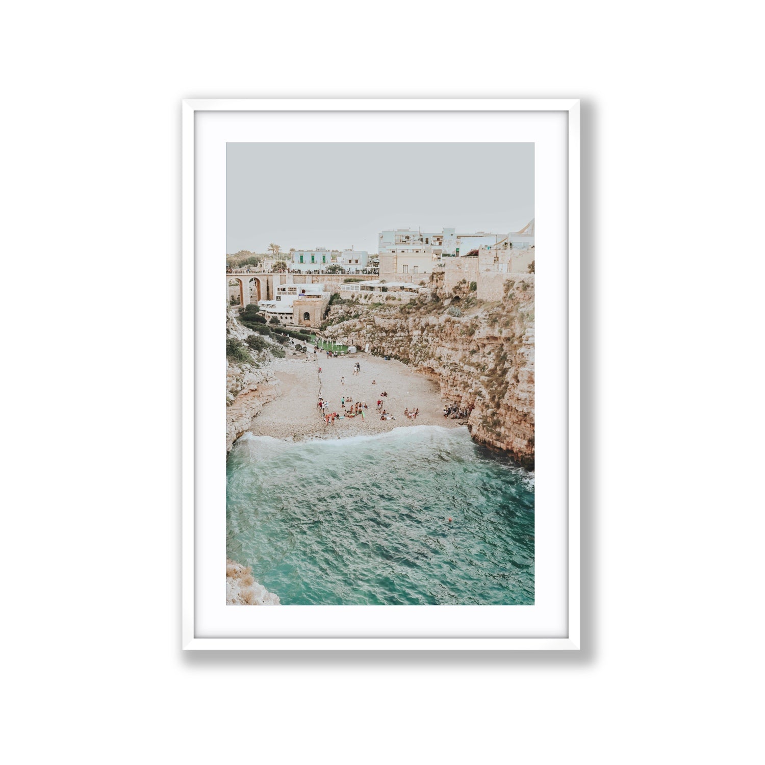 Polignano Vista Puglia coastal Italian beach fine art print Extra Large fine art print in white frame with matboard