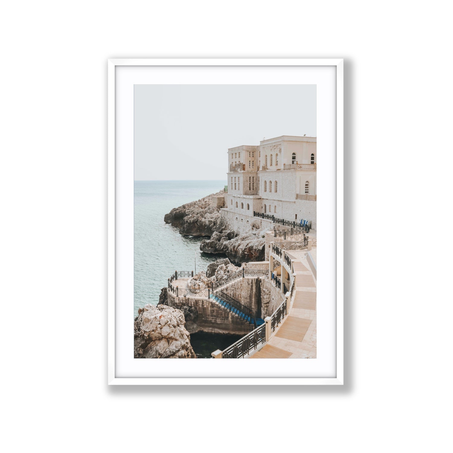 Santa Cesarea Puglia Italian coastal wall art Extra Large fine art print in white frame with matboard