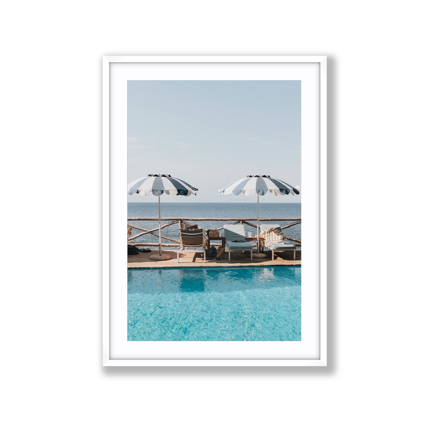 Beach Retreat fine art print, Ischia, Italy, european beach clubs artwork, Extra Large, White Frame · Matboard, Fine Art Print