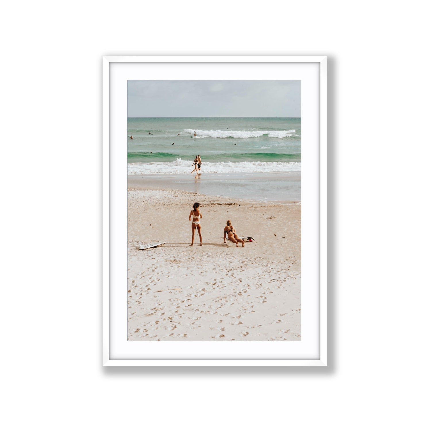 Gidget & Betty Byron Bay beach coastal wall art Extra Large fine art print in white frame with matboard