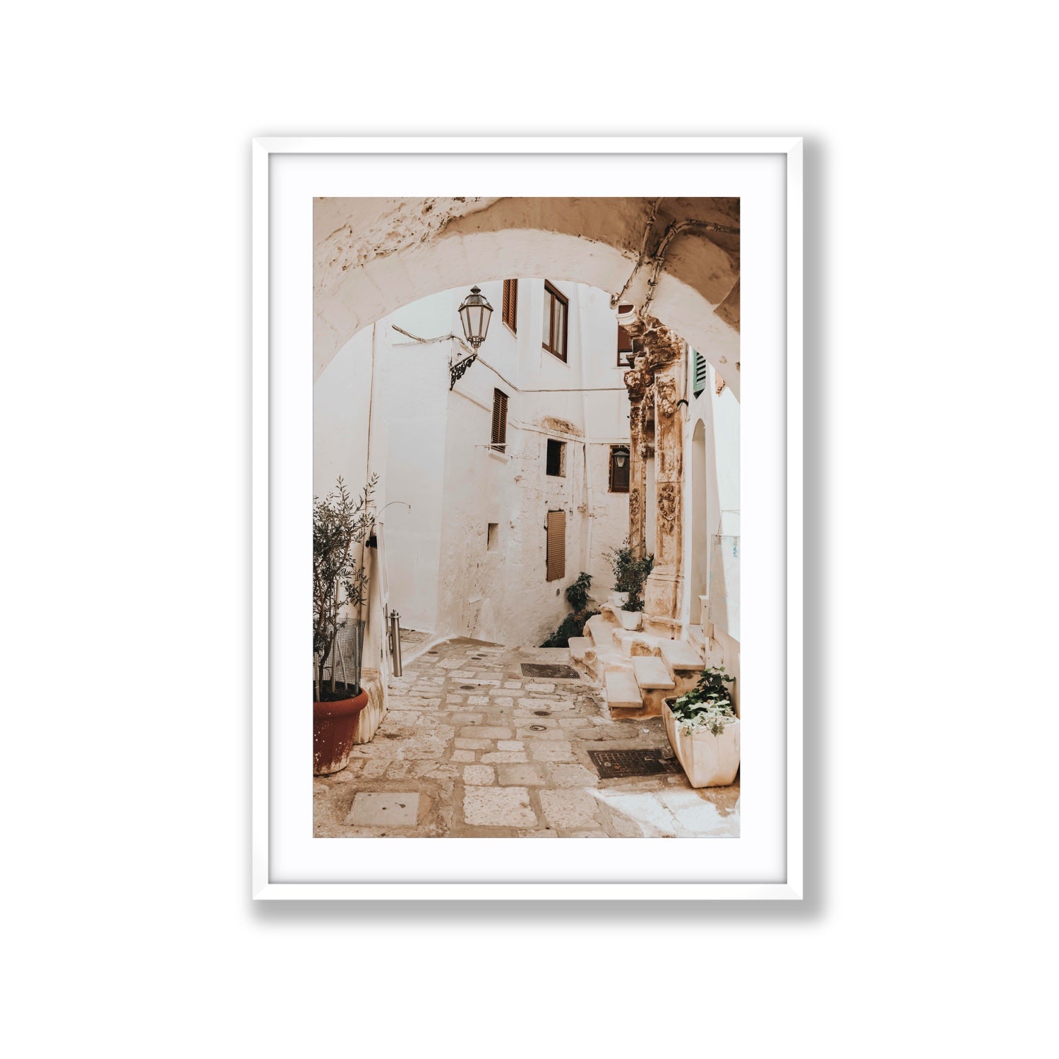 Pathway Wander Puglia Ostuni wall art Extra Large fine art print in white frame with matboard