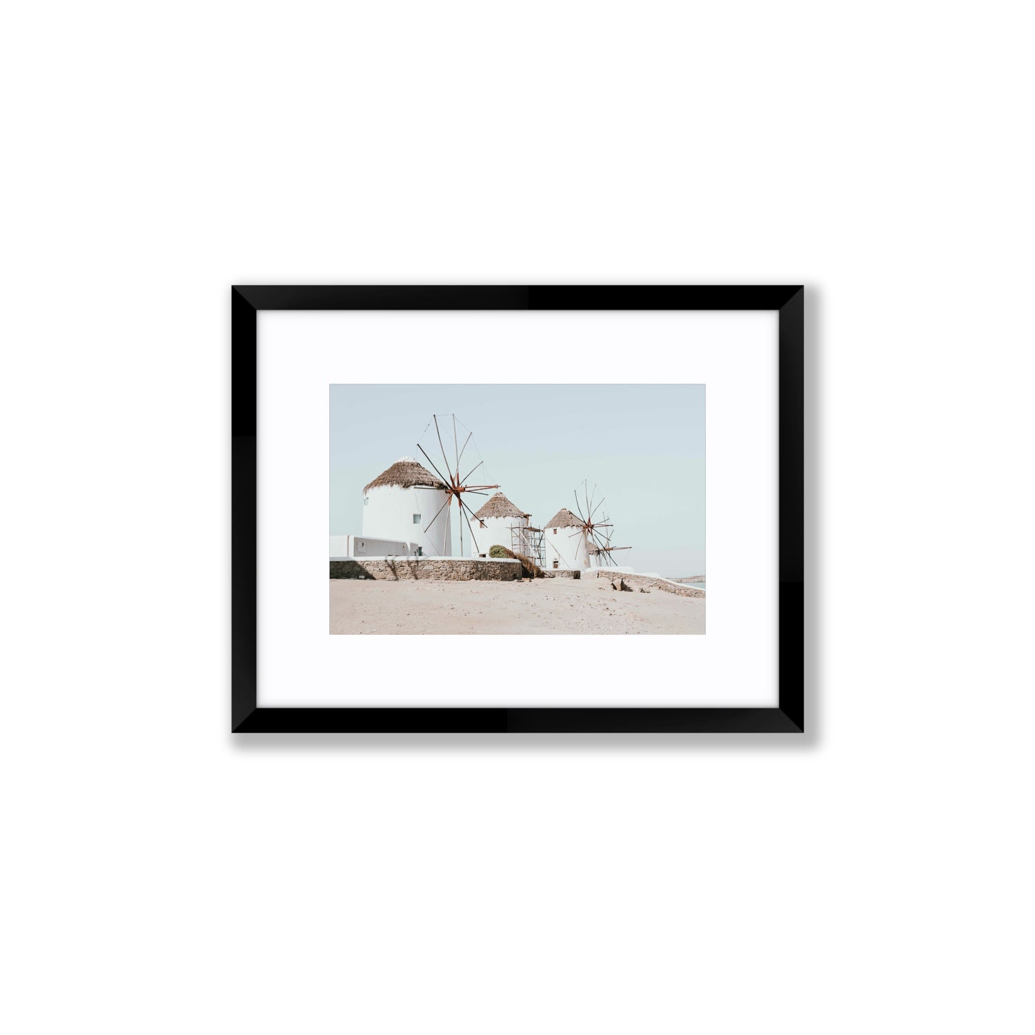 Rustic Icons Mykonos Greek island wall art Small fine art print in black frame with matboard