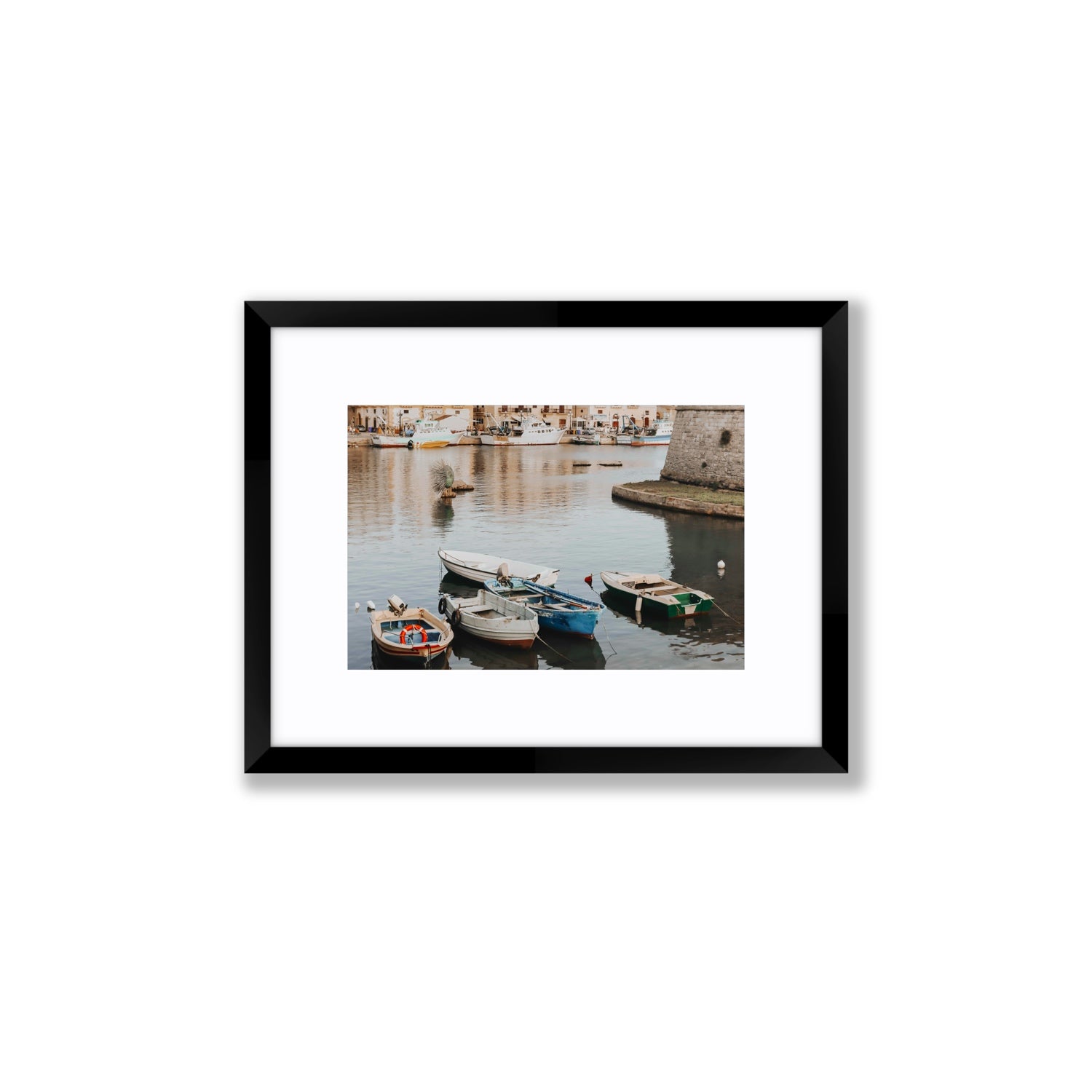 Cinque Barche Puglia Gallipoli Italian art print Small fine art print in black frame with matboard