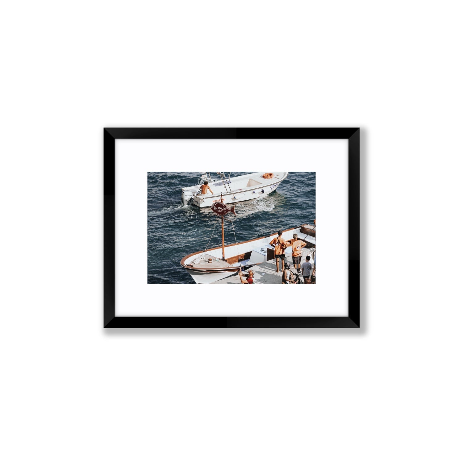 Water Taxi Positano wall art Small fine art print in black frame with matboard