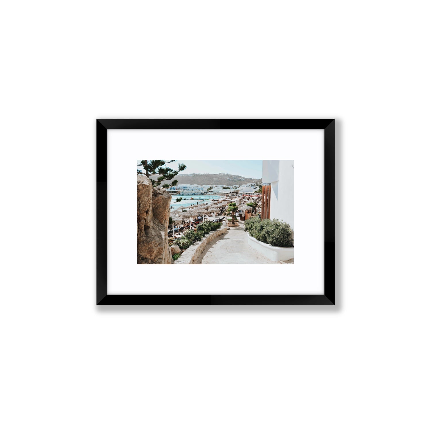 Kalimera Mykonos Greek island wall art Small fine art print in black frame with matboard