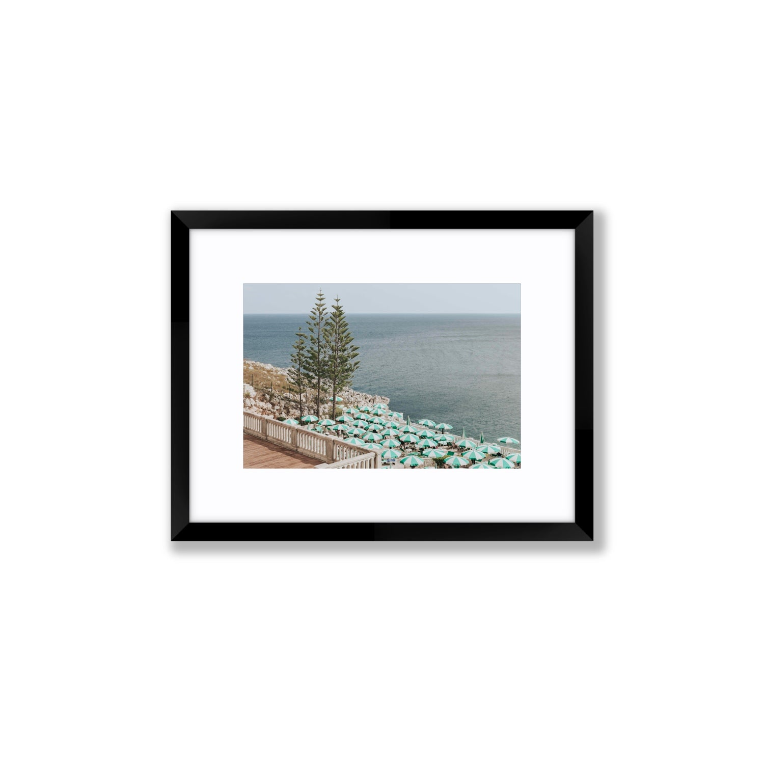 Azure Horizon Puglia beach coastal wall art Small fine art print in black frame with matboard