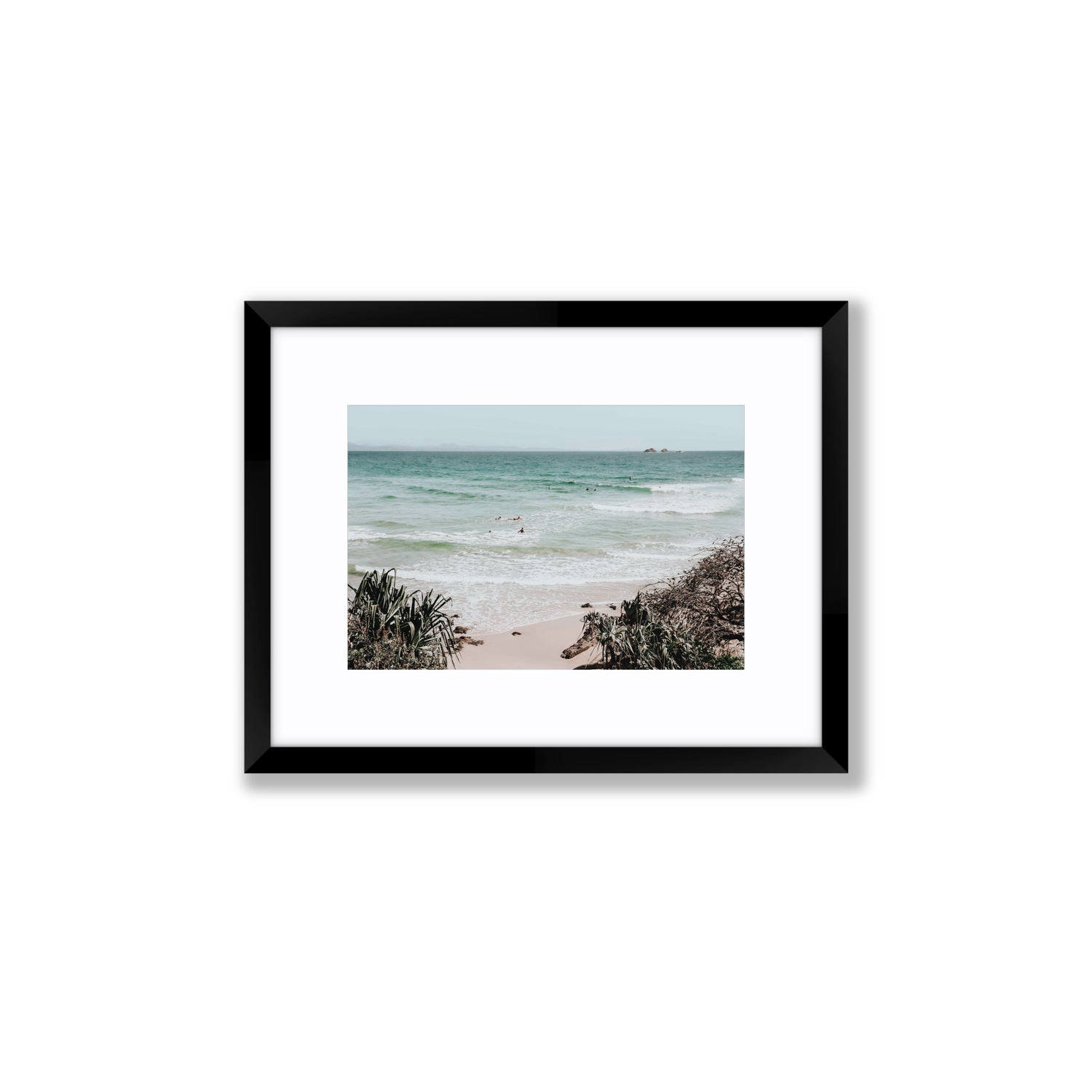 Surf City Byron Bay Surf coastal wall art Small fine art print in black frame with matboard