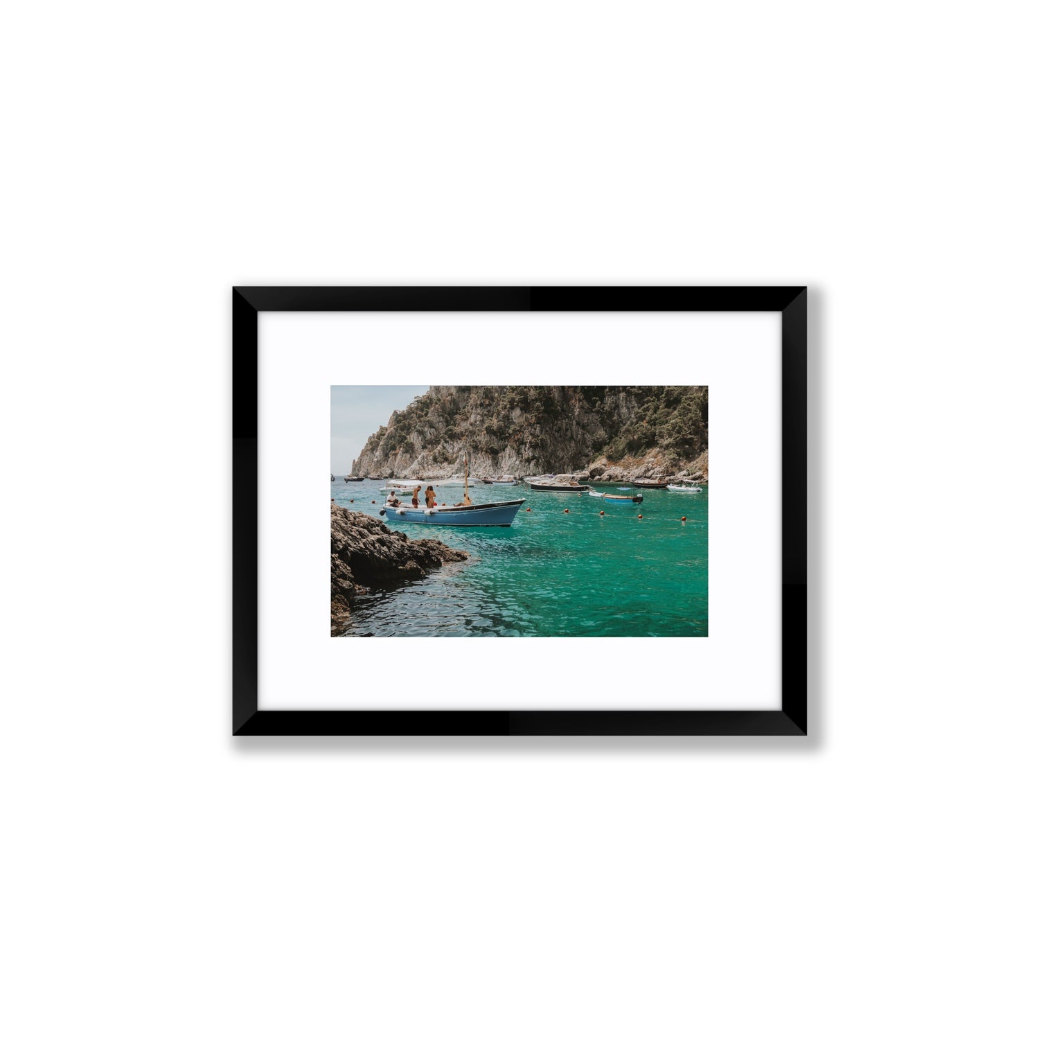 Cozy Cove Capri coastal Mediterranean wall art Small fine art print in black frame with matboard