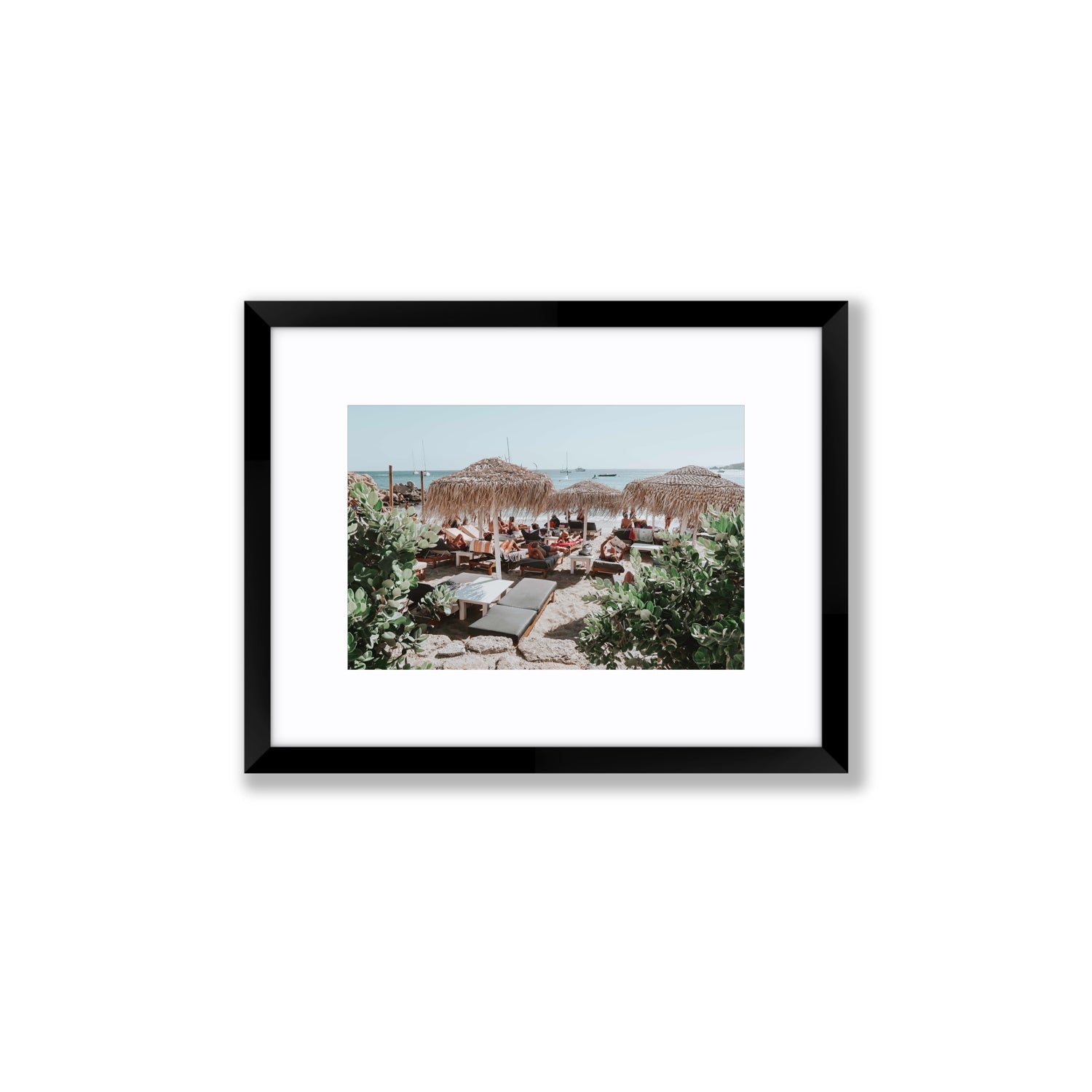 Greek Haven Mykonos Greek island coastal wall art Small fine art print in black frame with matboard