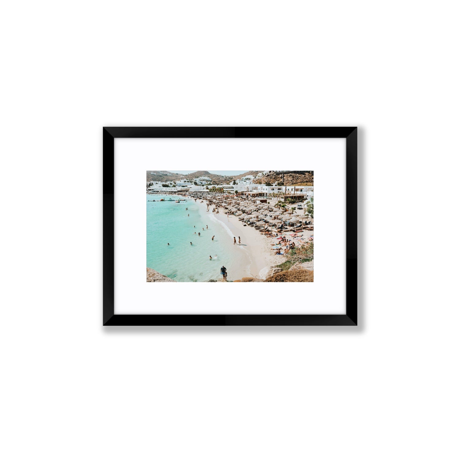 Aquaholic Mykonos Greek island wall art Small fine art print in black frame with matboard