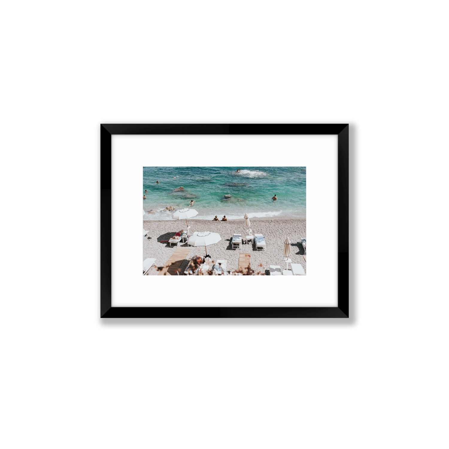 Amicizia Amalfi Italian beach wall art Small fine art print in black frame with matboard