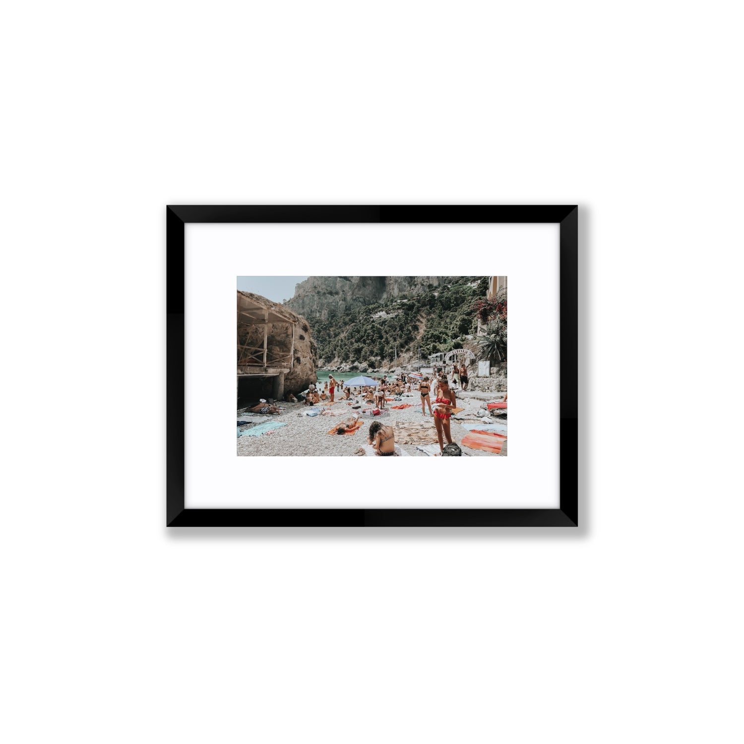 Spiaggia Da Gioia Capri beach coastal wall art Small fine art print in black frame with matboard