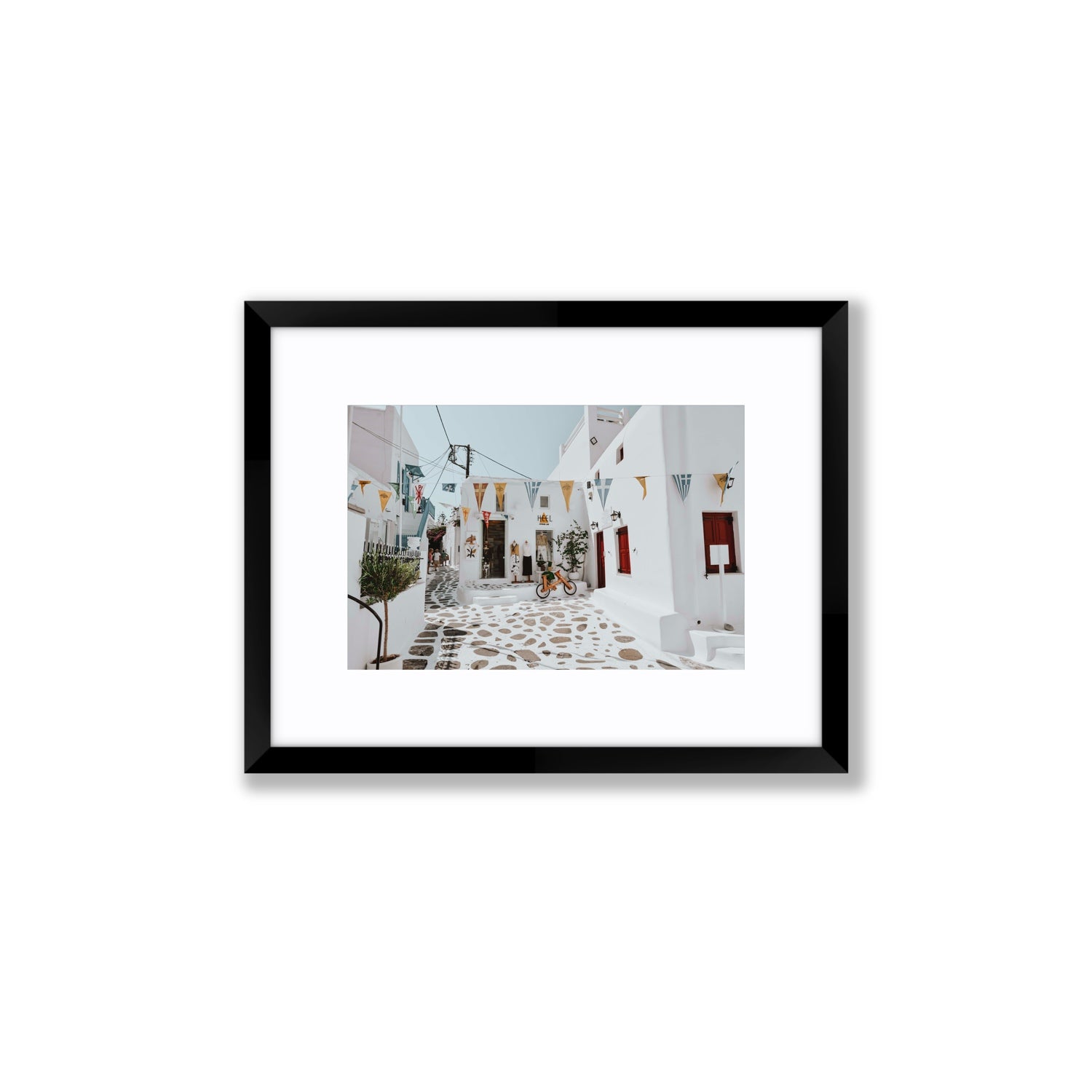 Cruising The Streets Mykonos Greek island wall art Small fine art print in black frame with matboard