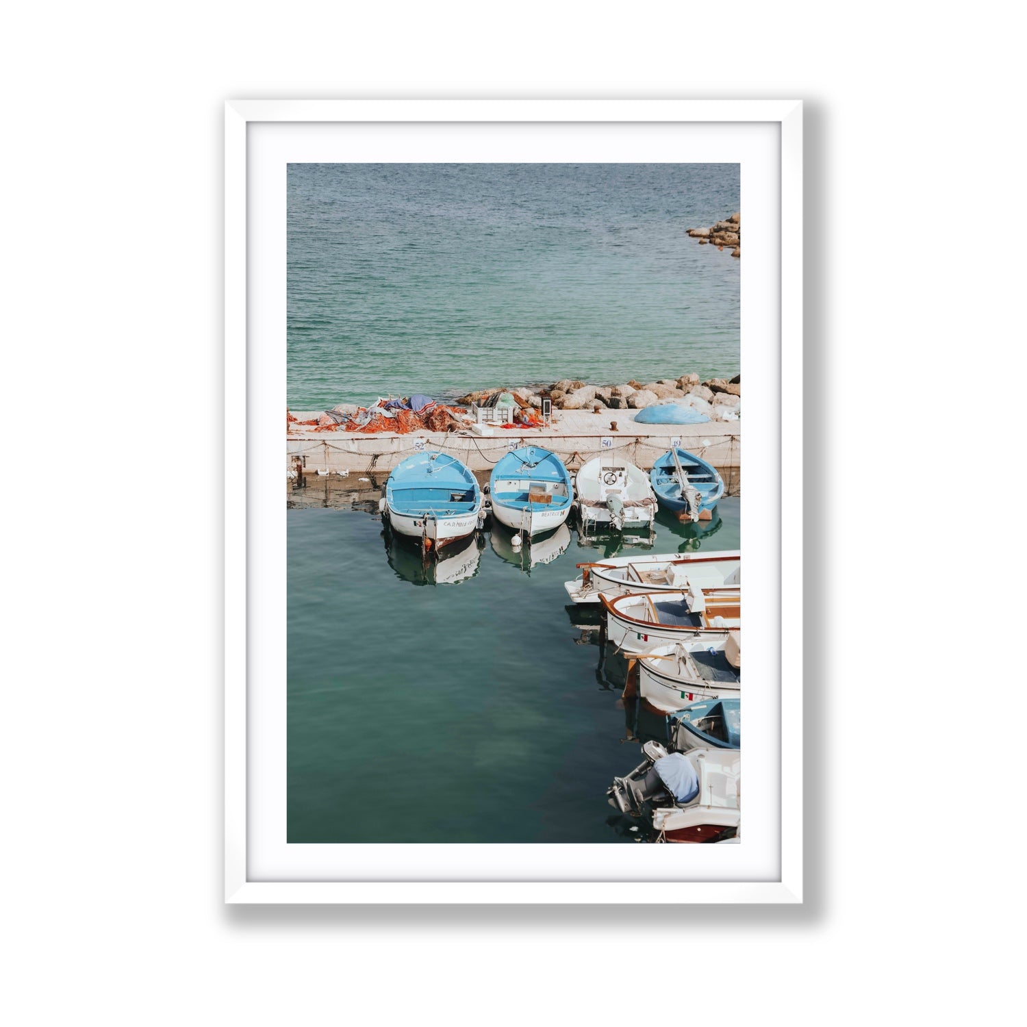 Maritime Memories Puglia Harbour Reflections coastal wall art Giant fine art print in white frame with matboard