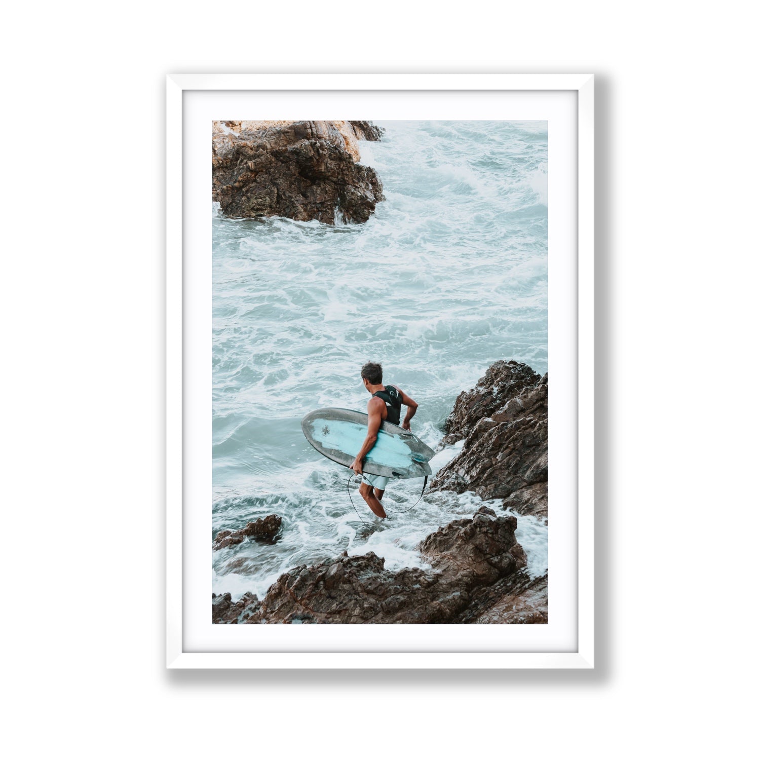 Into The Soup Byron Bay Surf coastal wall art Giant fine art print in white frame with matboard
