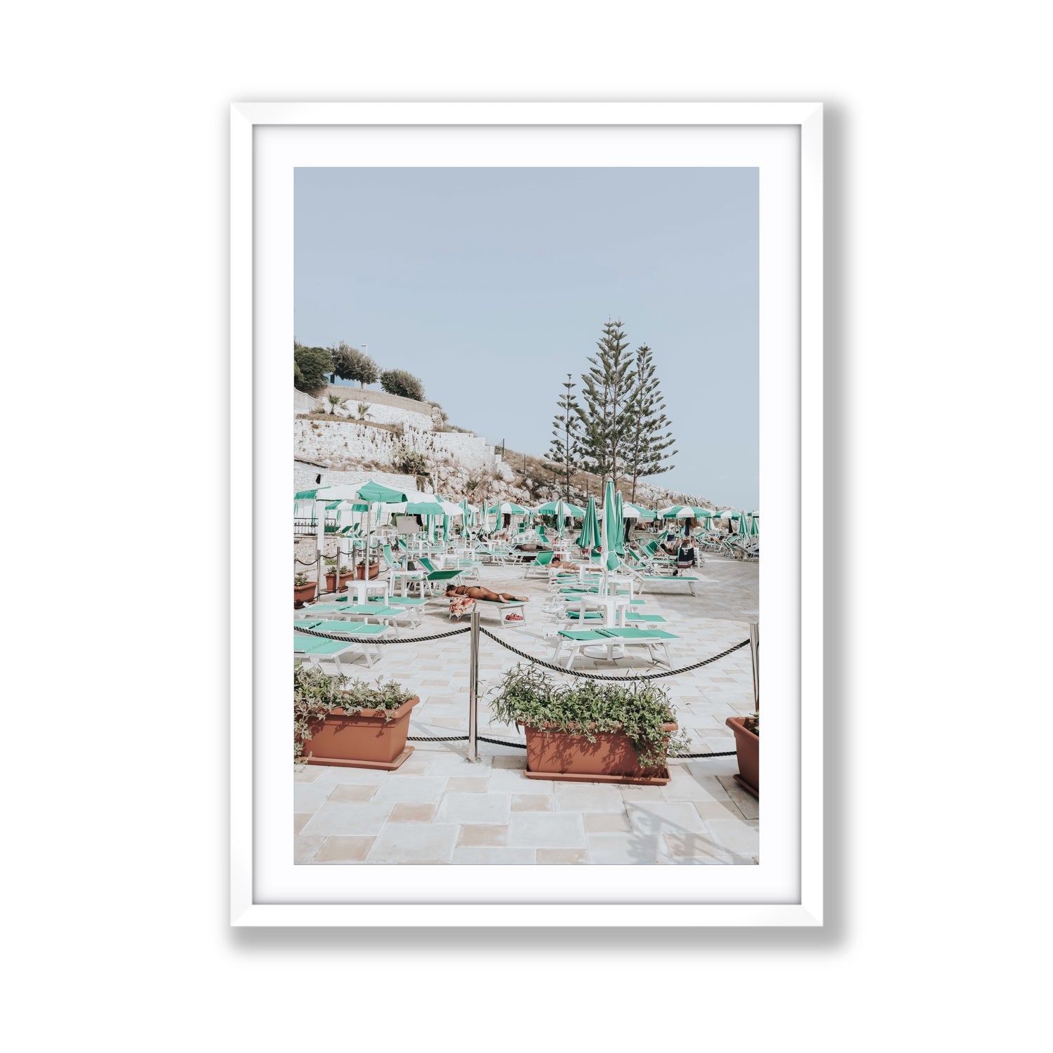 Siesta on The Terrace Puglia coastal wall art Giant fine art print in white frame with matboard