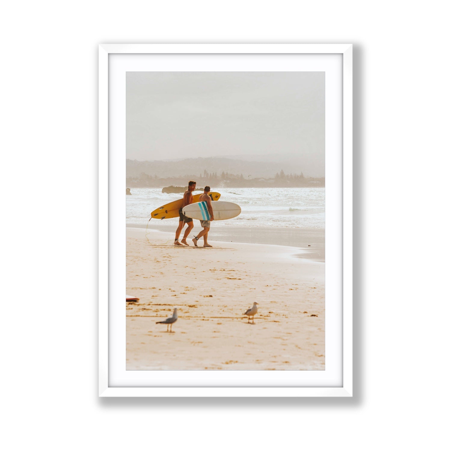 Shane & Benji Byron Bay Surf coastal wall art Giant fine art print in white frame with matboard