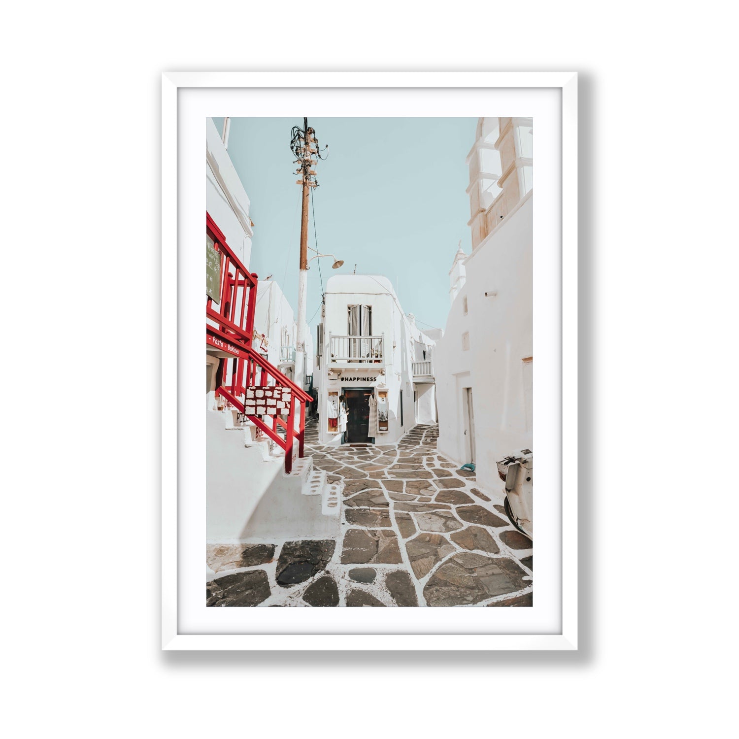 Happiness Mykonos Greek island wall art Giant fine art print in white frame with matboard