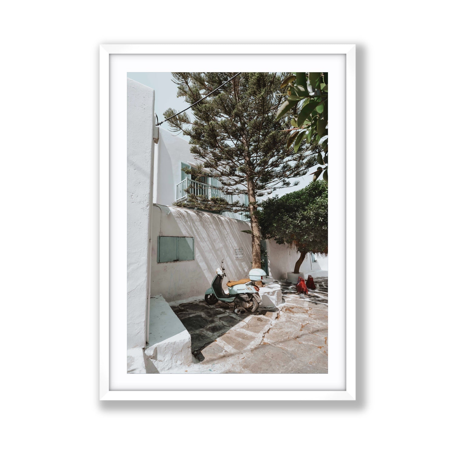 The Getaway Mykonos Mediterranean Greek island art print Giant fine art print in white frame with matboard