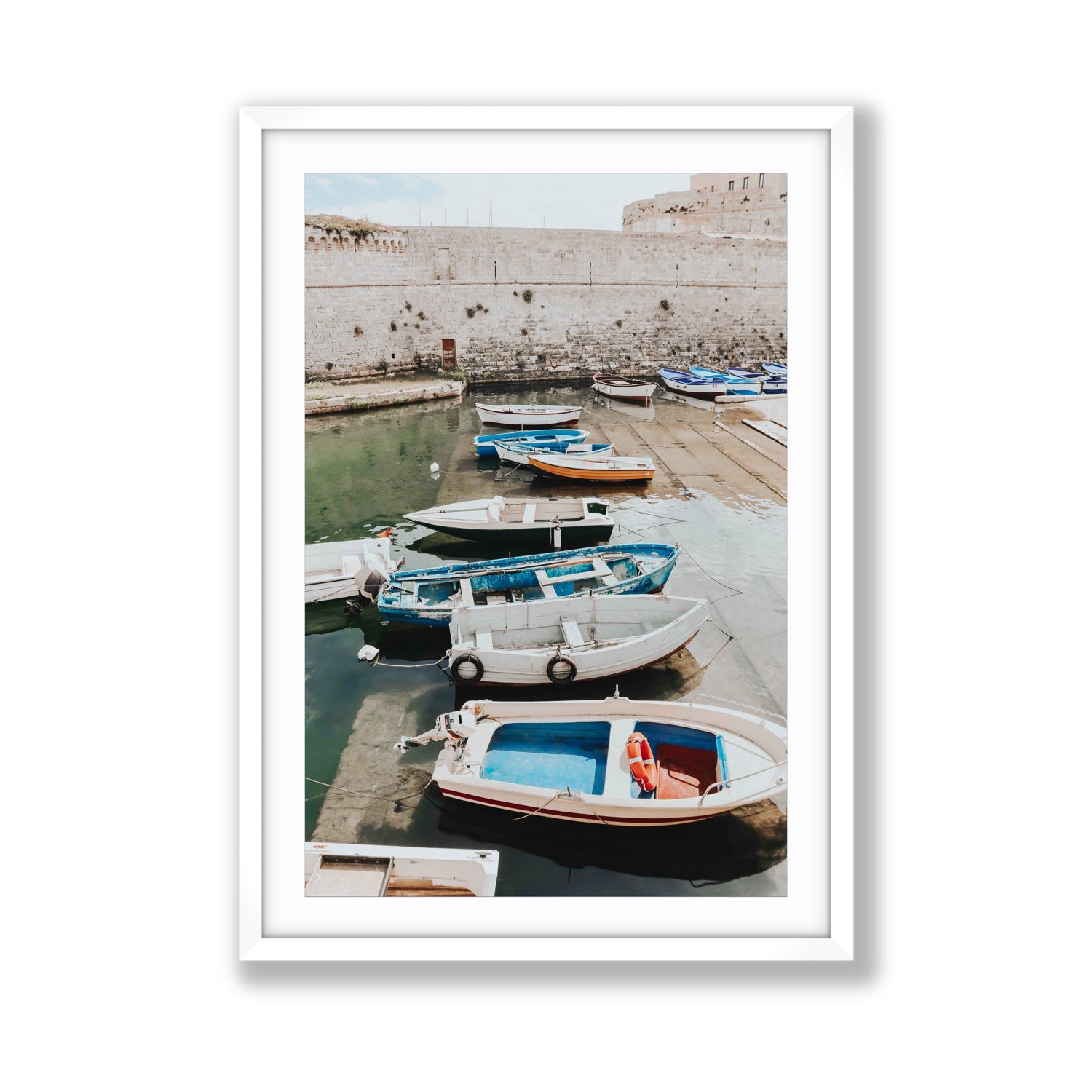 Harbour Palette Puglia coastal photography wall art Giant fine art print in white frame with matboard