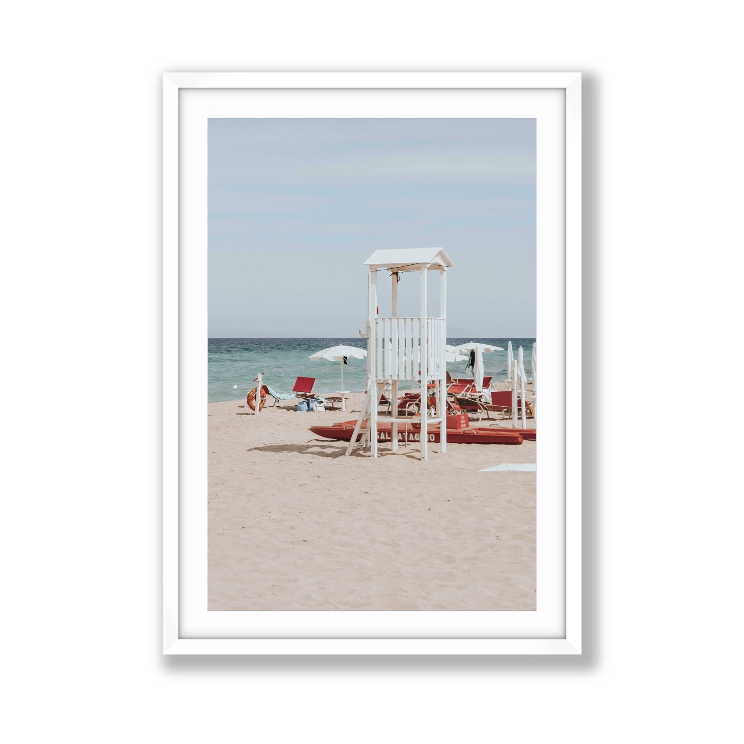 Barefoot Bliss Puglia beach Italian coastal decor wall art Giant fine art print in white frame with matboard