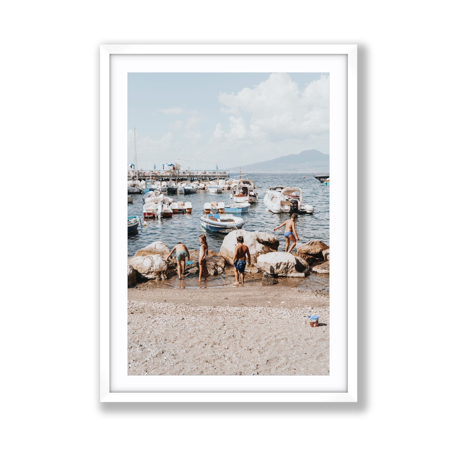 Searching For Treasures Sorrento coastal wall art Giant fine art print in white frame with matboard