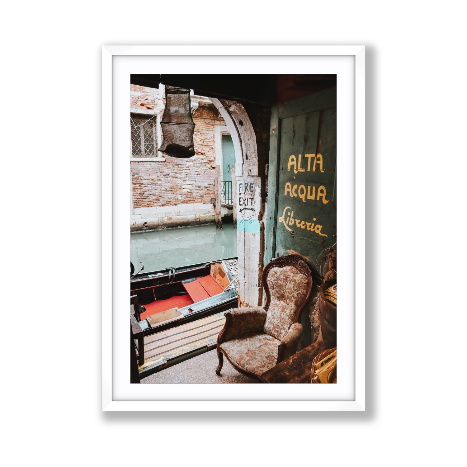 Alta Acqua Venice Bookstore wall art Giant fine art print in white frame with matboard