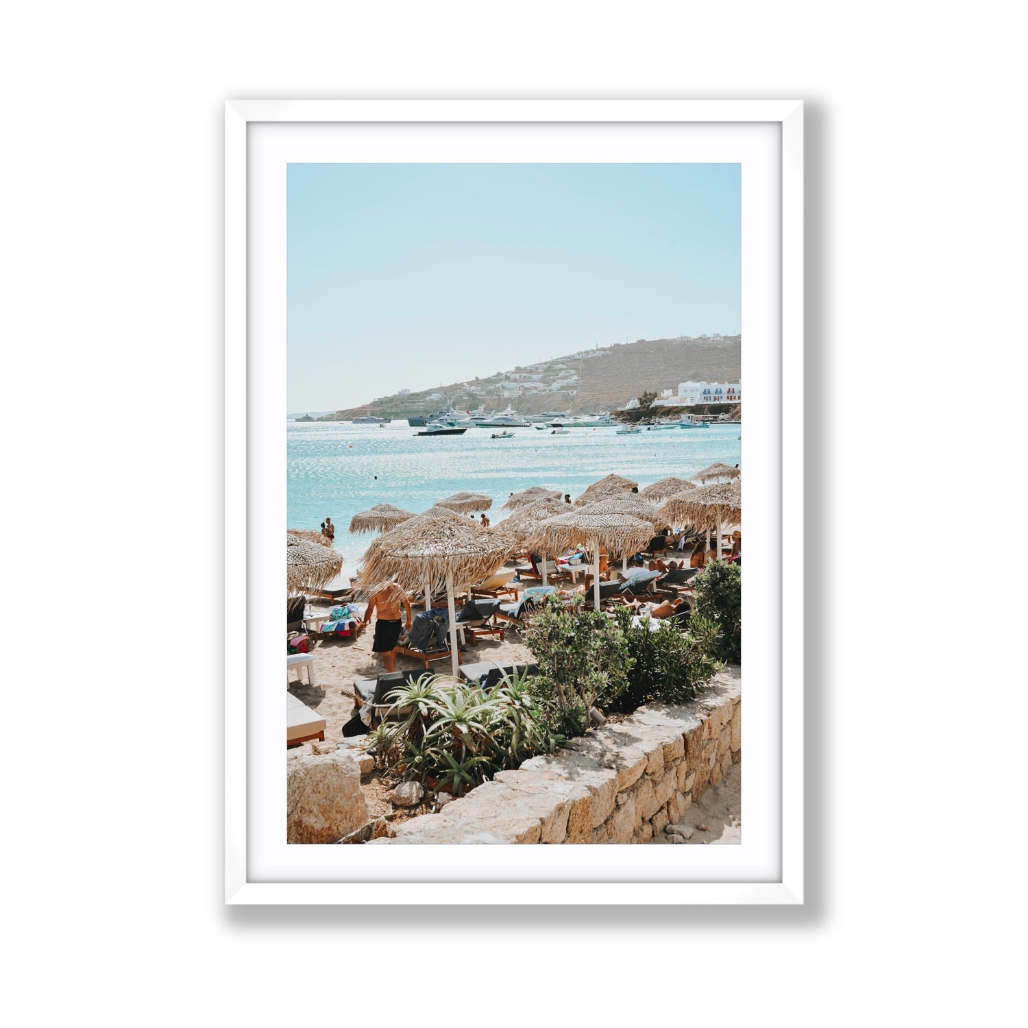 Beachside Huts Mykonos Greek island wall art Giant fine art print in white frame with matboard