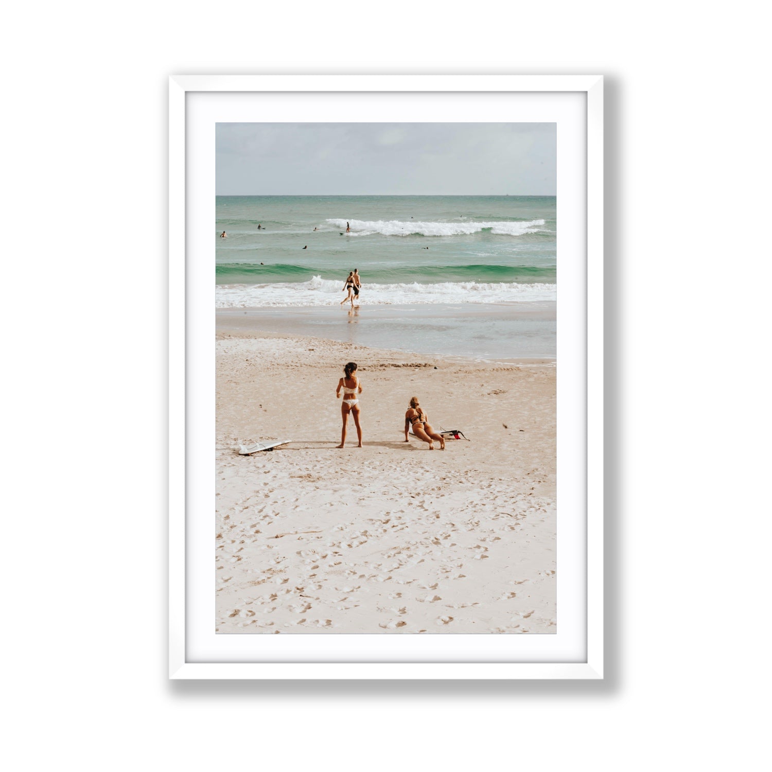 Gidget & Betty Byron Bay beach coastal wall art Giant fine art print in white frame with matboard