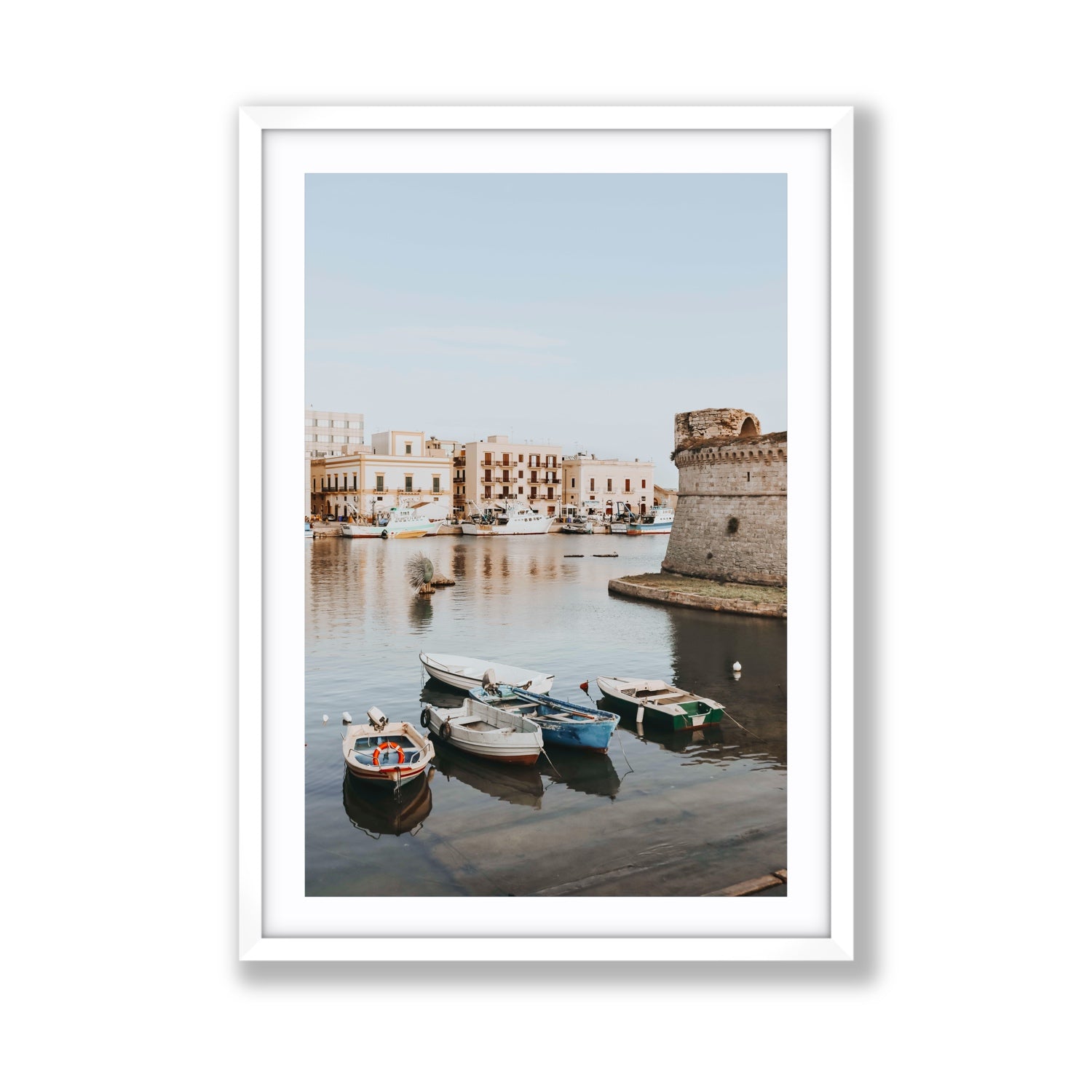 Gallipoli Harbour Puglia coastal wall art Giant fine art print in white frame with matboard