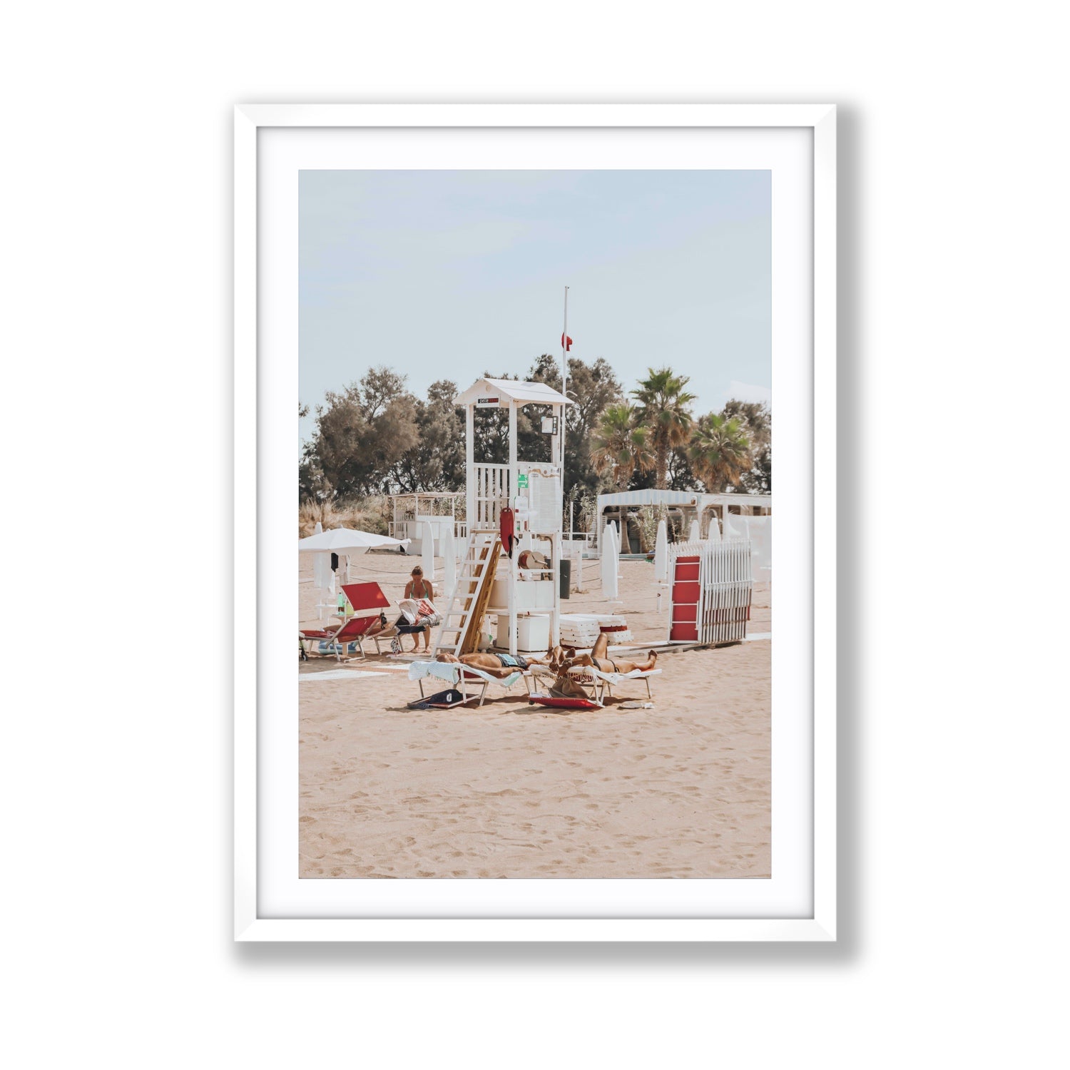 Red Lounge Reverie Puglia beach coastal wall art Giant fine art print in white frame with matboard