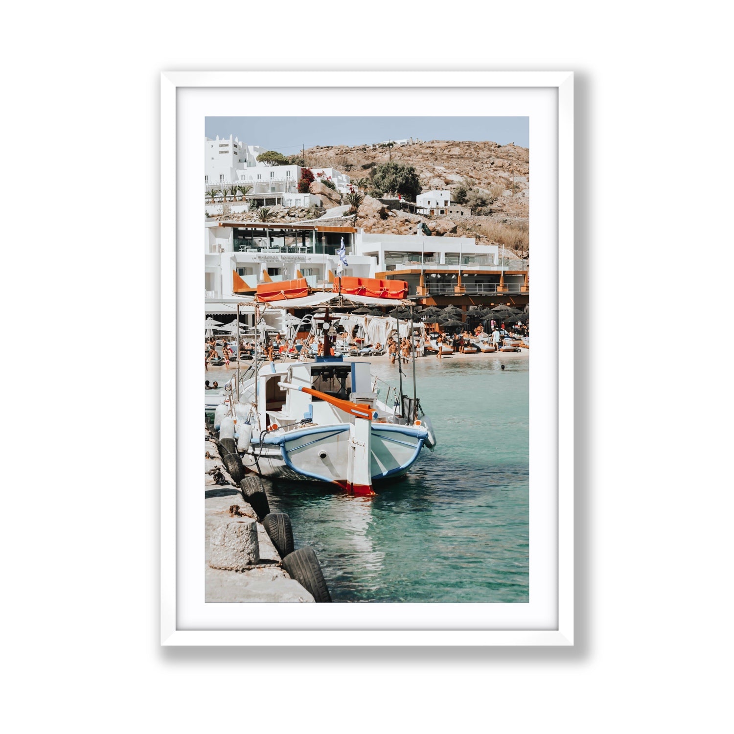 Travel In Style Mykonos Greek island wall art Giant fine art print in white frame with matboard