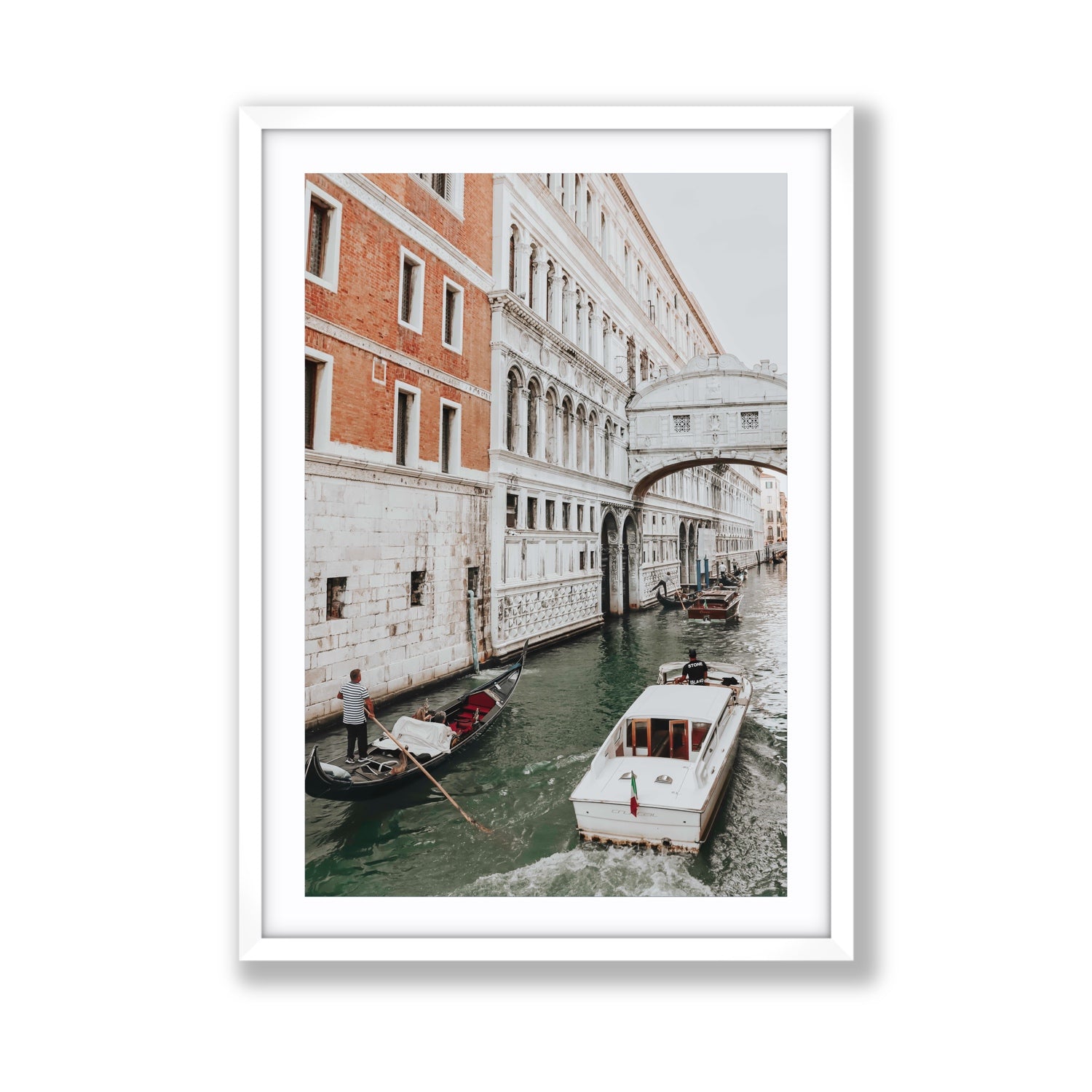 Under the Bridge Venice Gondola Italian wall art Giant fine art print in white frame with matboard