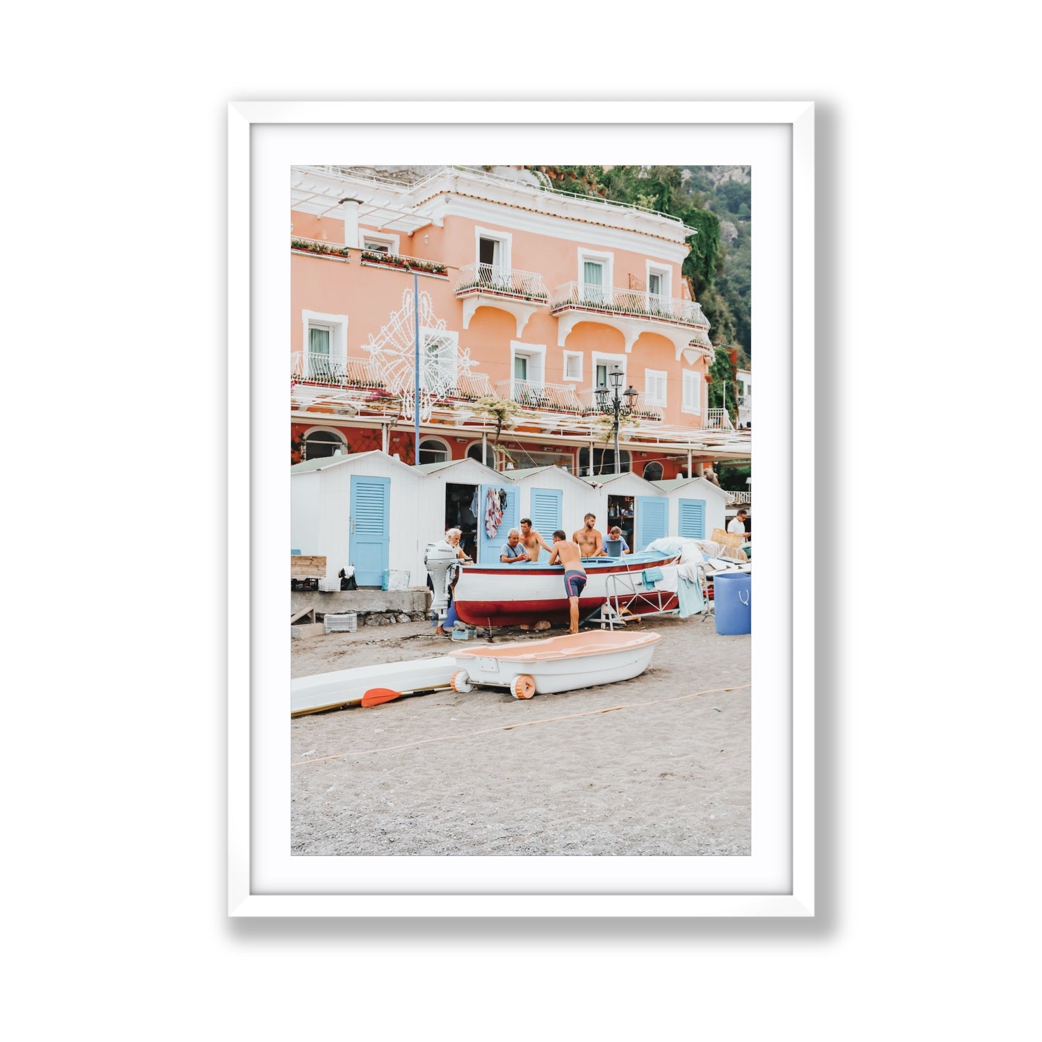La Riunione della Mattina fine art print, Positano, Italy, Giant, White Frame · Matboard, Fine Art Print