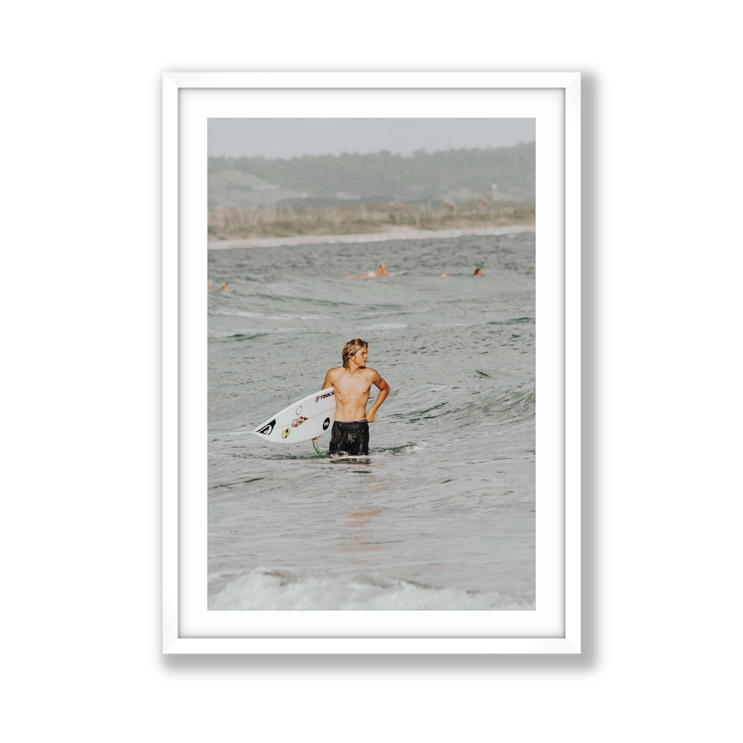 Chasing Mavericks Byron Bay Surf coastal wall art Giant fine art print in white frame with matboard