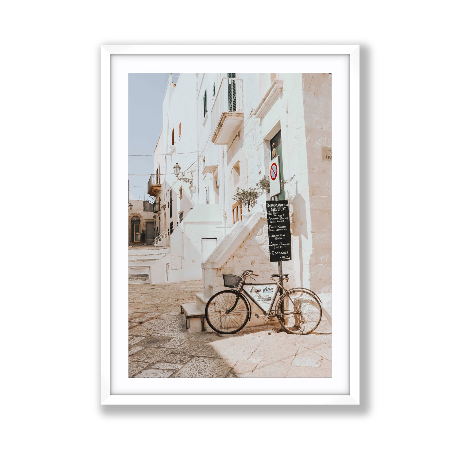 La Bicicletta Puglia Ostuni wall art Giant fine art print in white frame with matboard