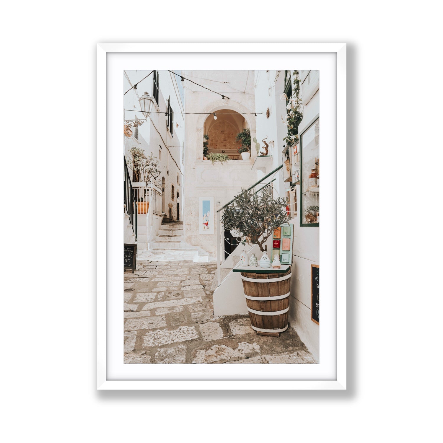 Olive Tree Lane Puglia Ostuni Mediterranean decor wall art Giant fine art print in white frame with matboard