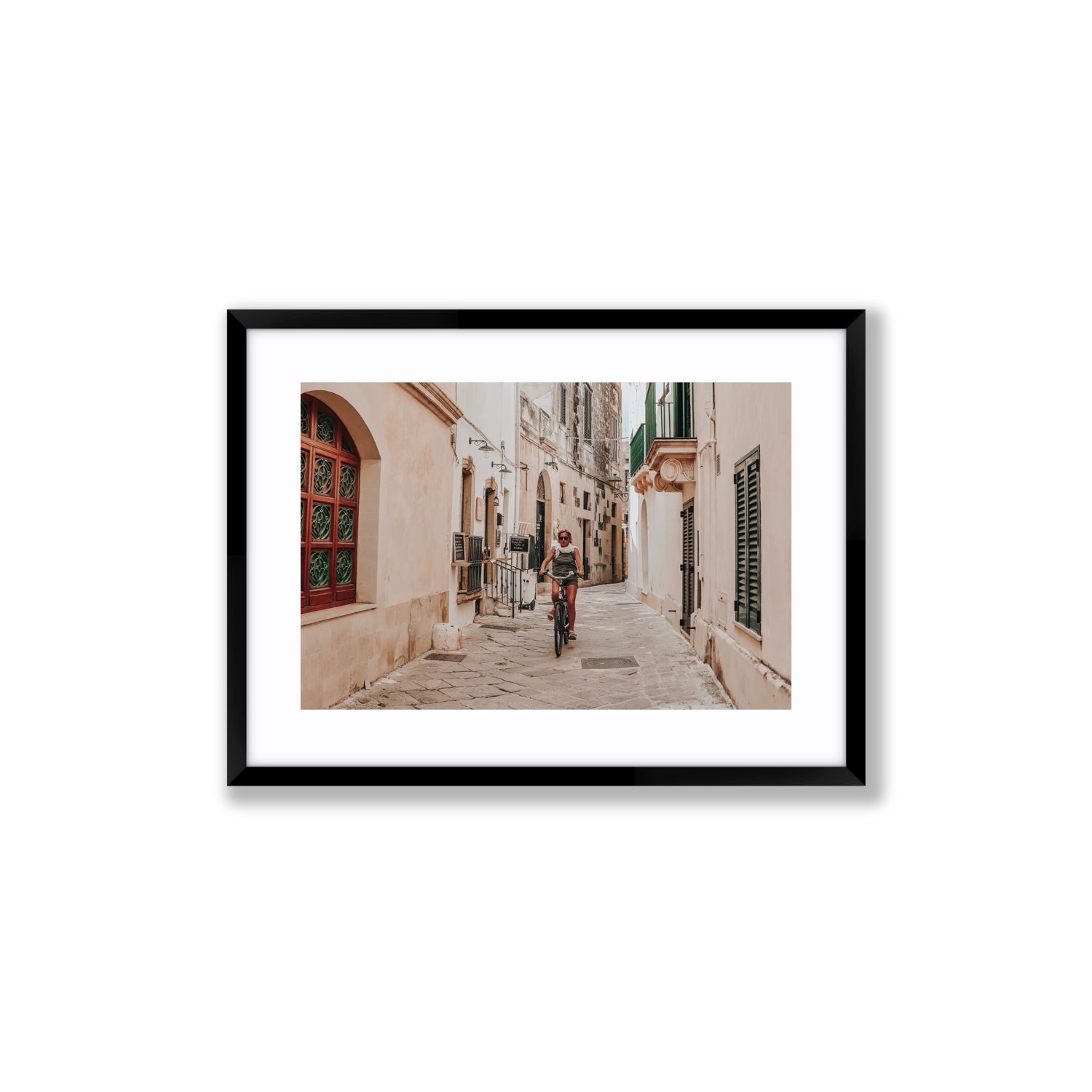 La Donna In Bicicletta Puglia Wall Italian fine art print Medium fine art print in black frame with matboard