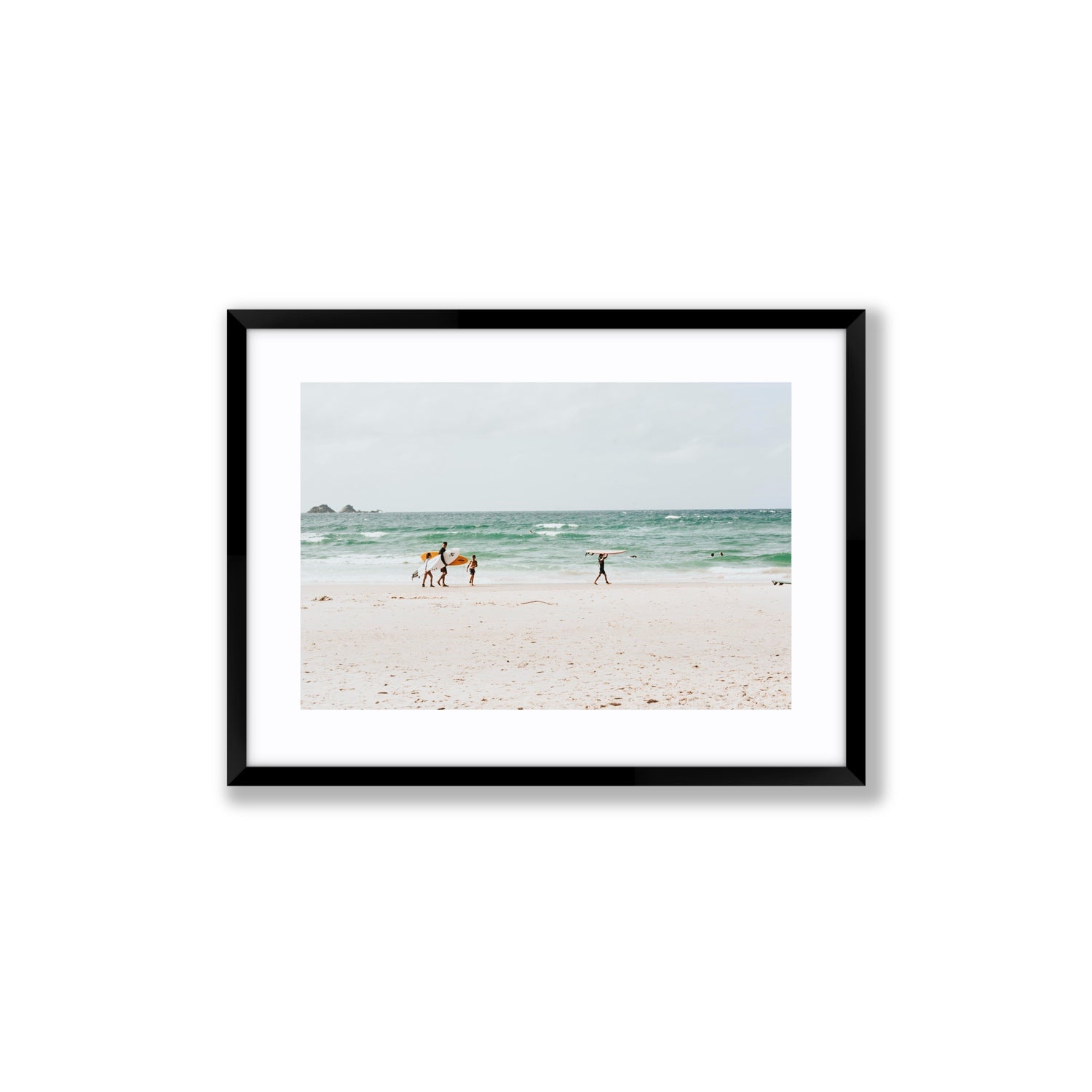 La Famiglia Byron Bay Family Surf coastal wall art Medium fine art print in black frame with matboard