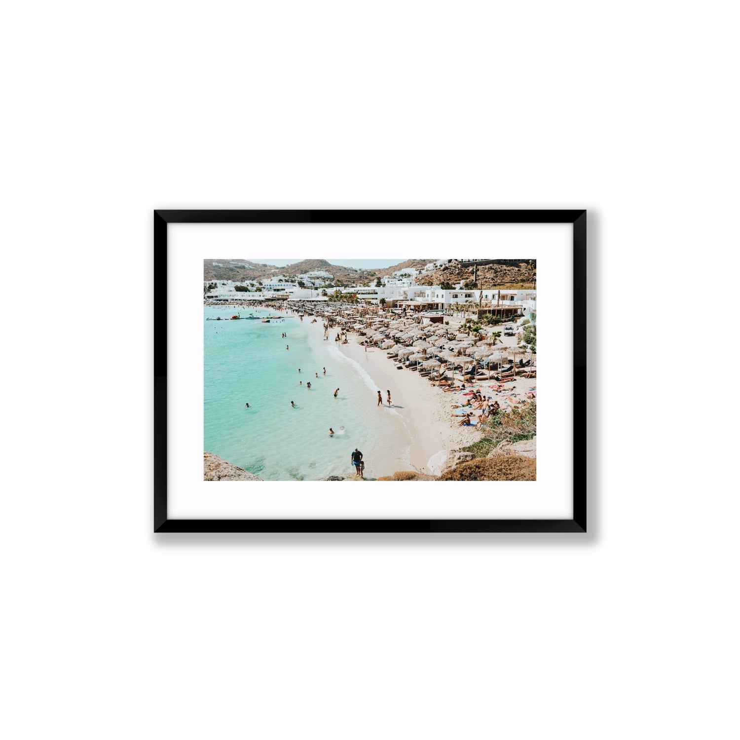 Aquaholic Mykonos Greek island wall art Medium fine art print in black frame with matboard