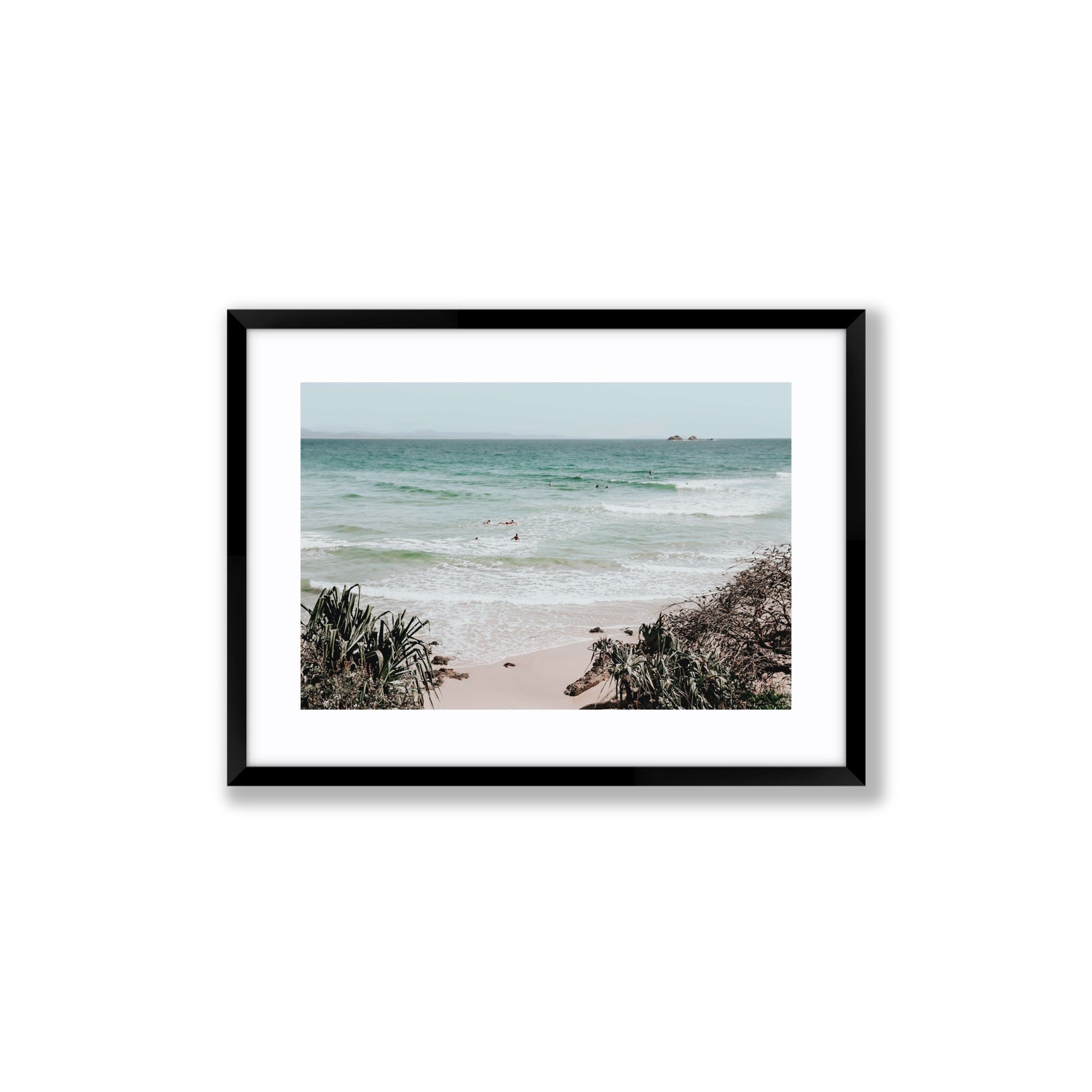 Surf City Byron Bay Surf coastal wall art Medium fine art print in black frame with matboard