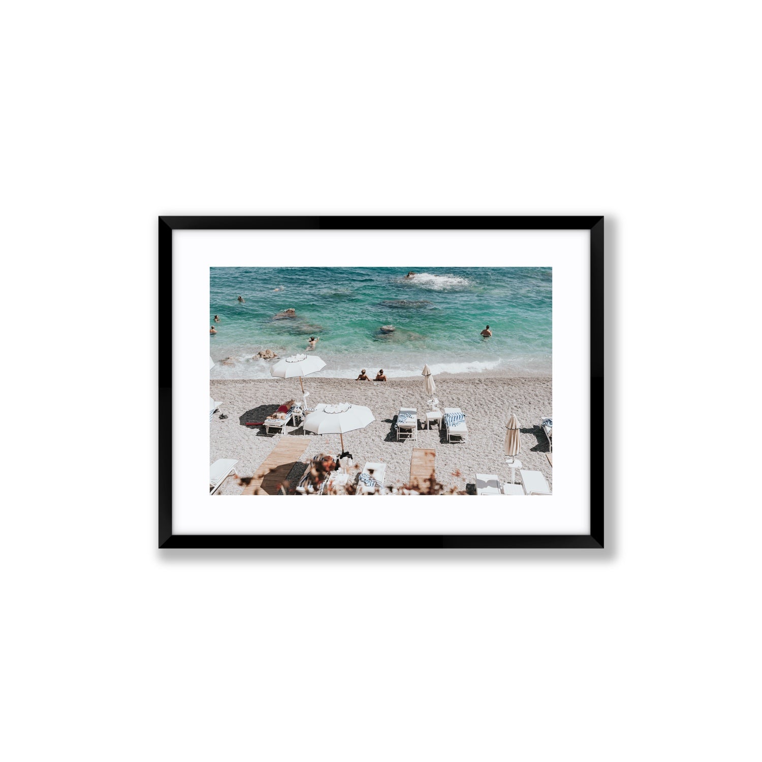 Amicizia Amalfi Italian beach wall art Medium fine art print in black frame with matboard
