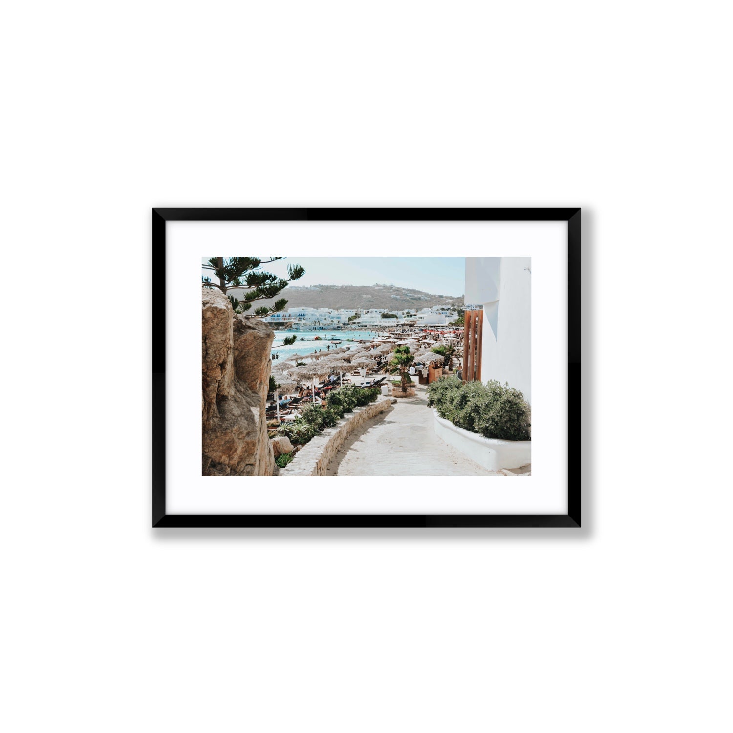 Kalimera Mykonos Greek island wall art Medium fine art print in black frame with matboard