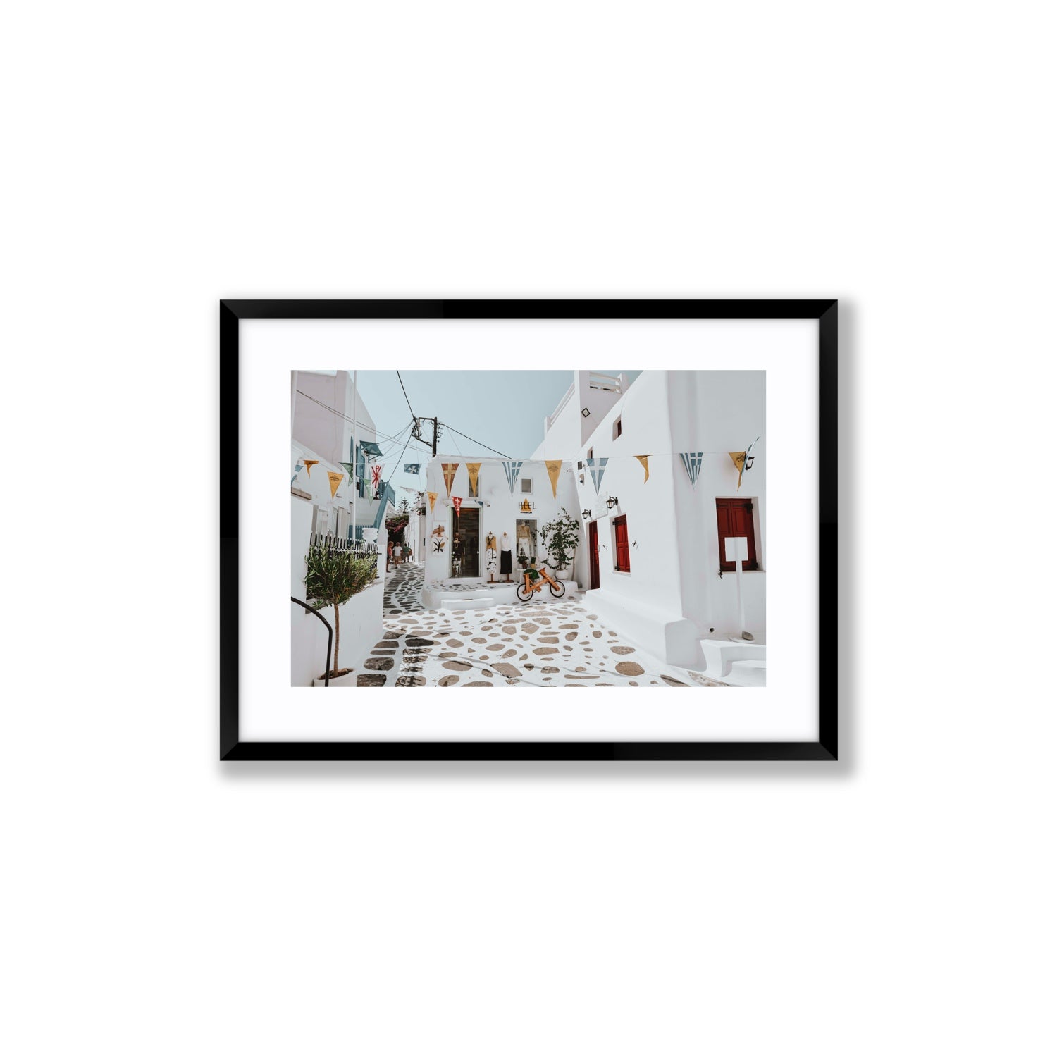 Cruising The Streets Mykonos Greek island wall art Medium fine art print in black frame with matboard