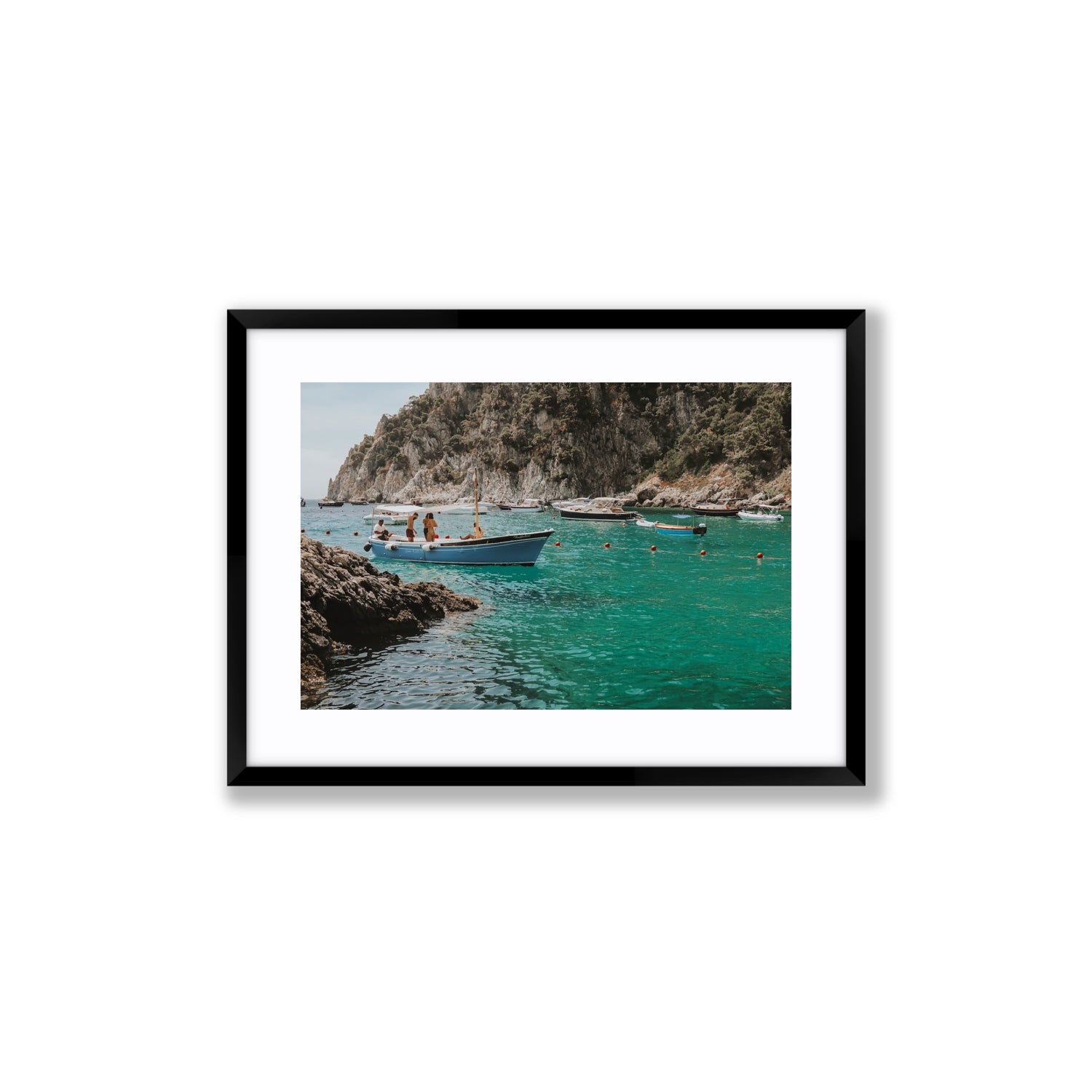 Cozy Cove Capri coastal Mediterranean wall art Medium fine art print in black frame with matboard