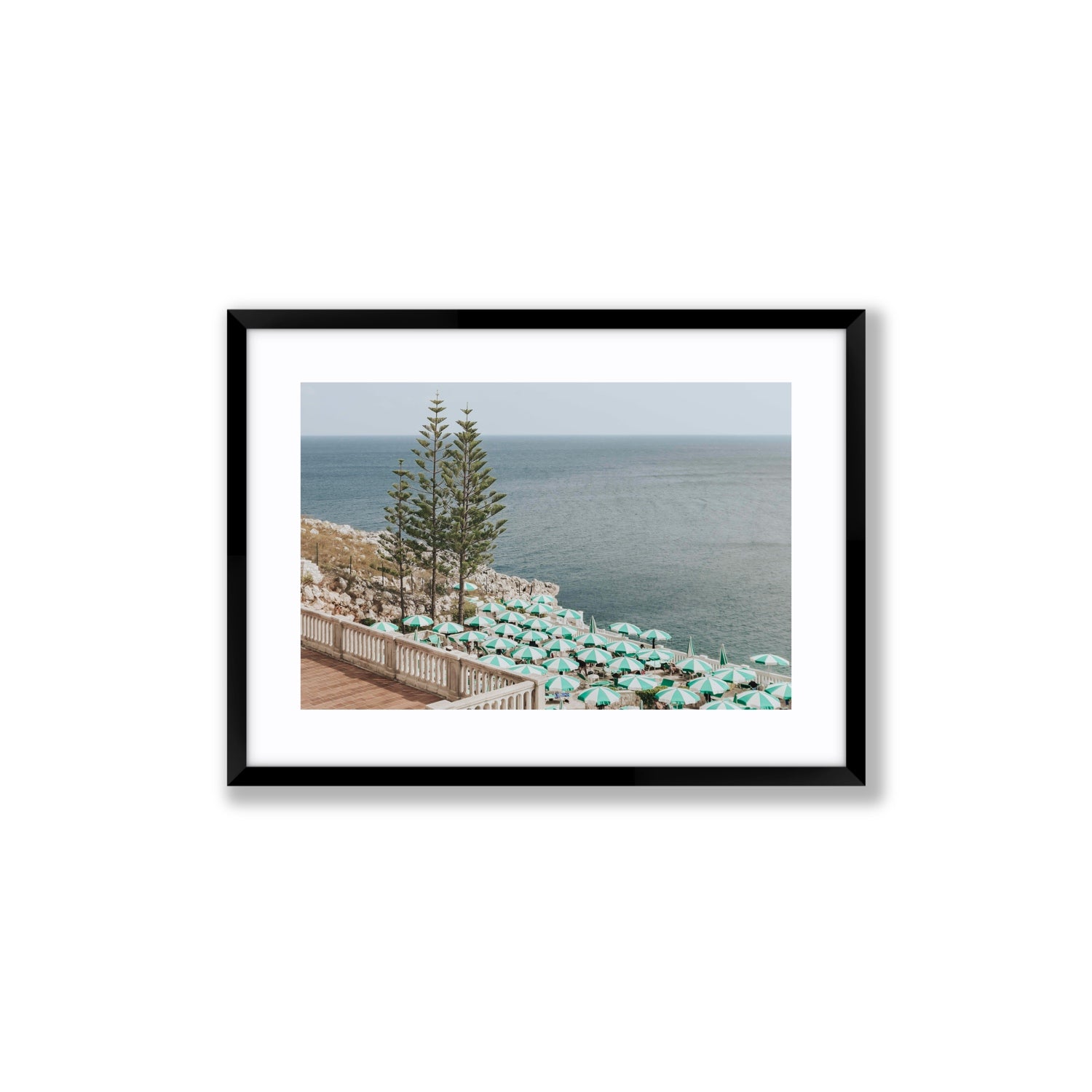 Azure Horizon Puglia beach coastal wall art Medium fine art print in black frame with matboard