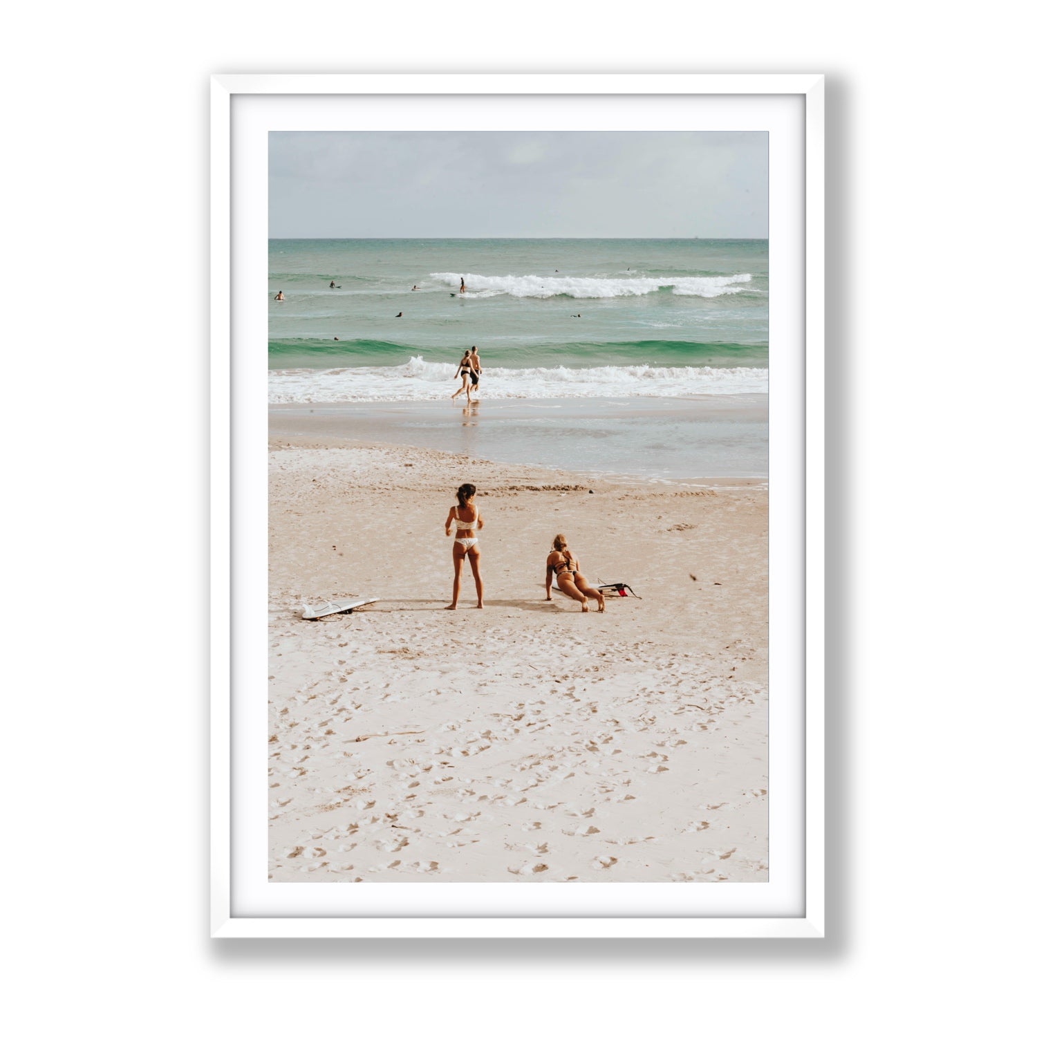 Gidget & Betty Byron Bay beach coastal wall art Gallery fine art print in white frame with matboard