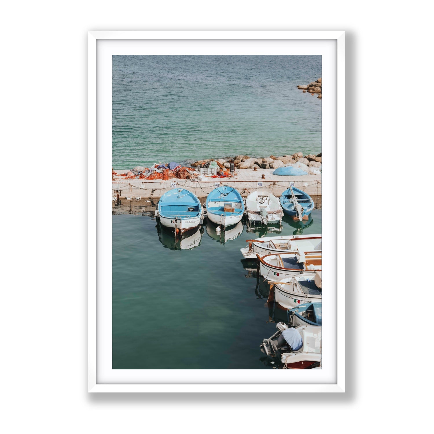 Maritime Memories Puglia Harbour Reflections coastal wall art Gallery fine art print in white frame with matboard