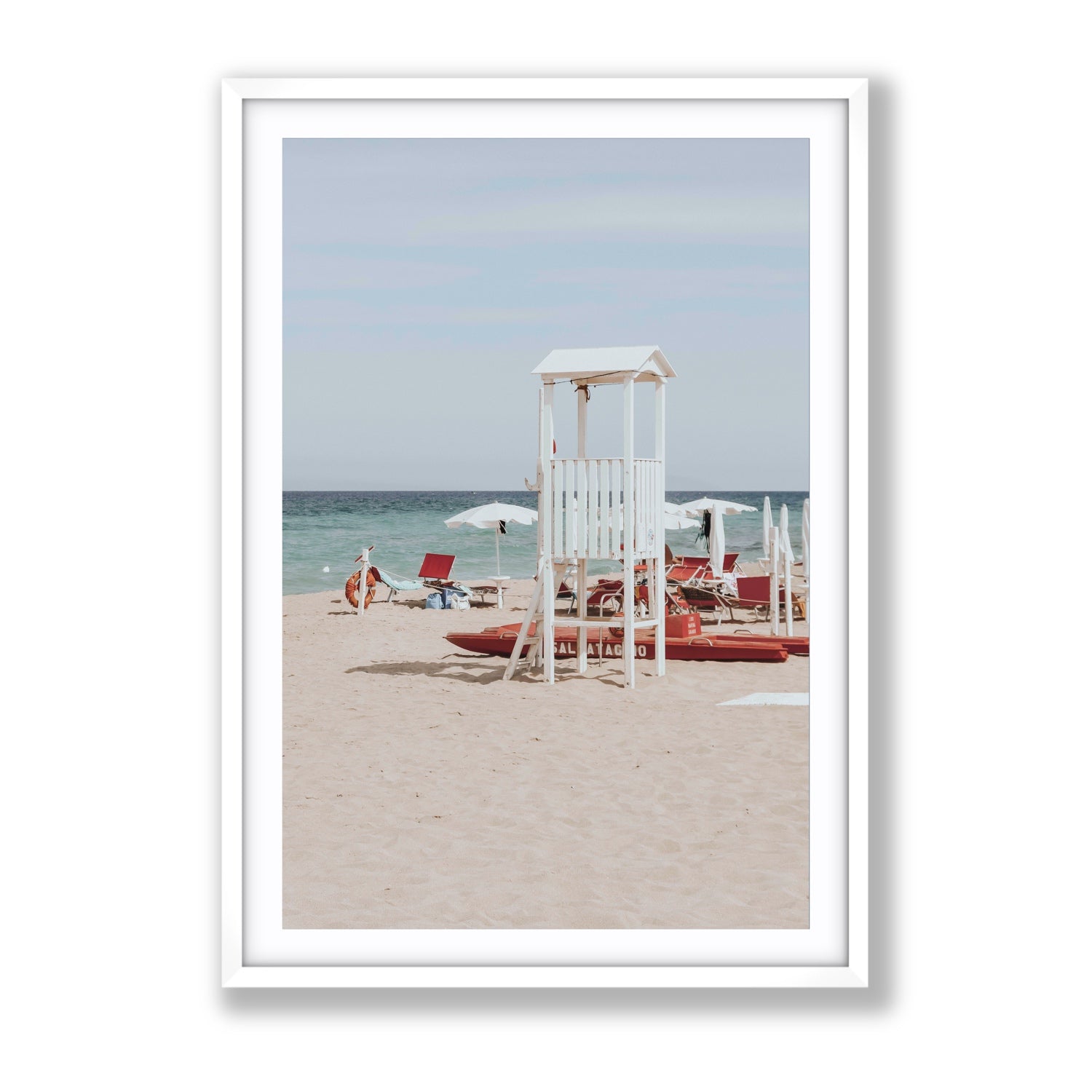 Barefoot Bliss Puglia beach Italian coastal decor wall art Gallery fine art print in white frame with matboard